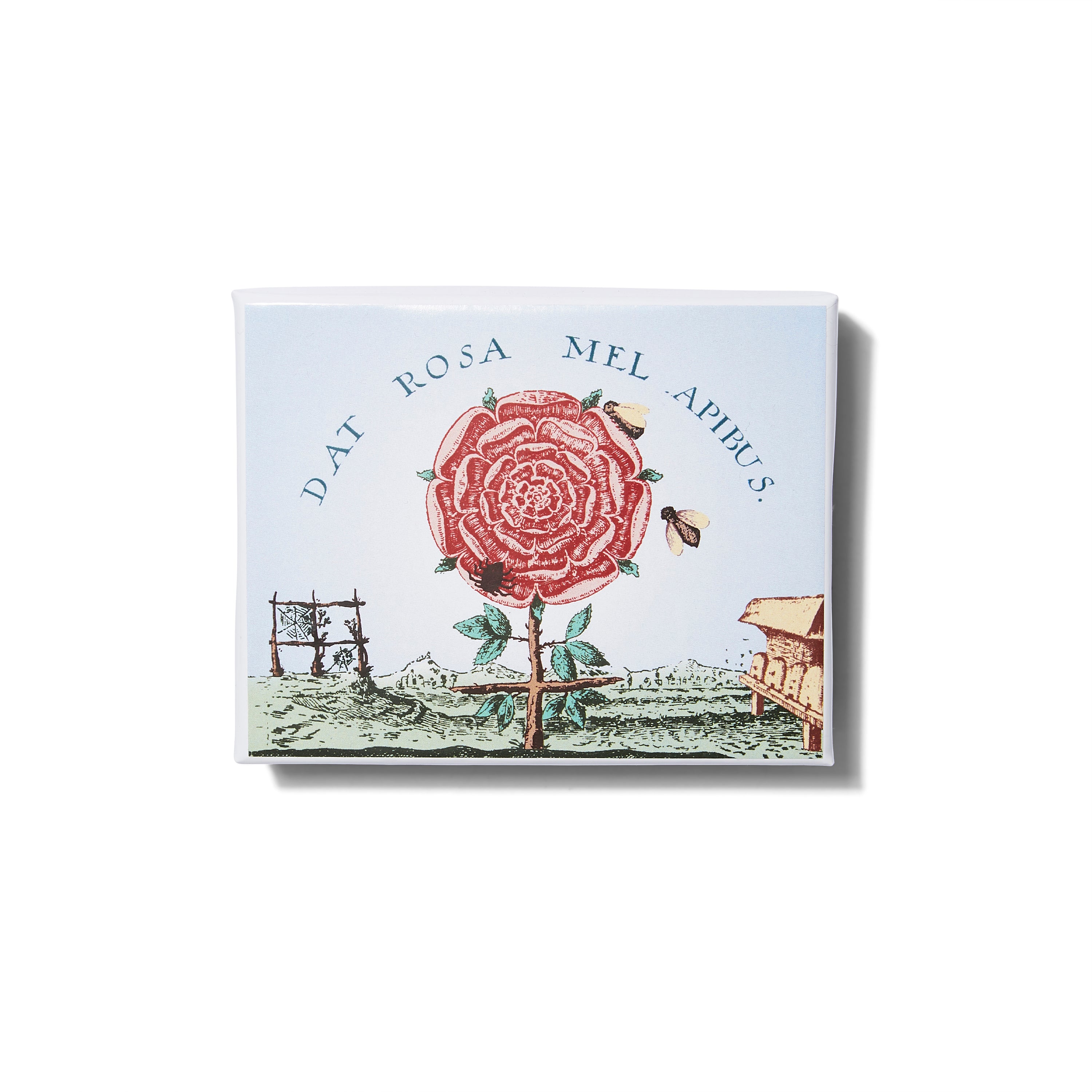 Front view of the box of Diffusion Rosincrunienne Dat Rose Mel Apibus incense. The box has an illustration of a rose and bees on the cover.