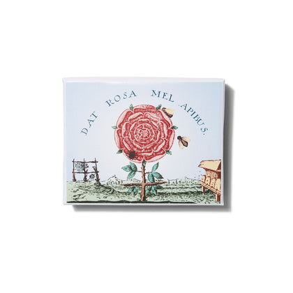 Front view of the box of  Diffusion Rosincrunienne Dat Rose Mel Apibus incense. The box has an illustration of a rose and bees on the cover.