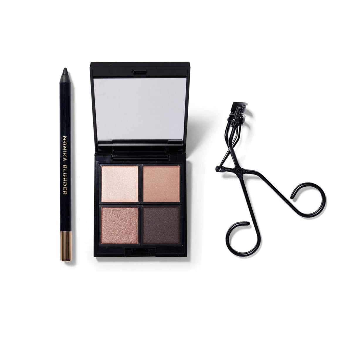Makeup palette, pencil, and eyelash curler on a white background