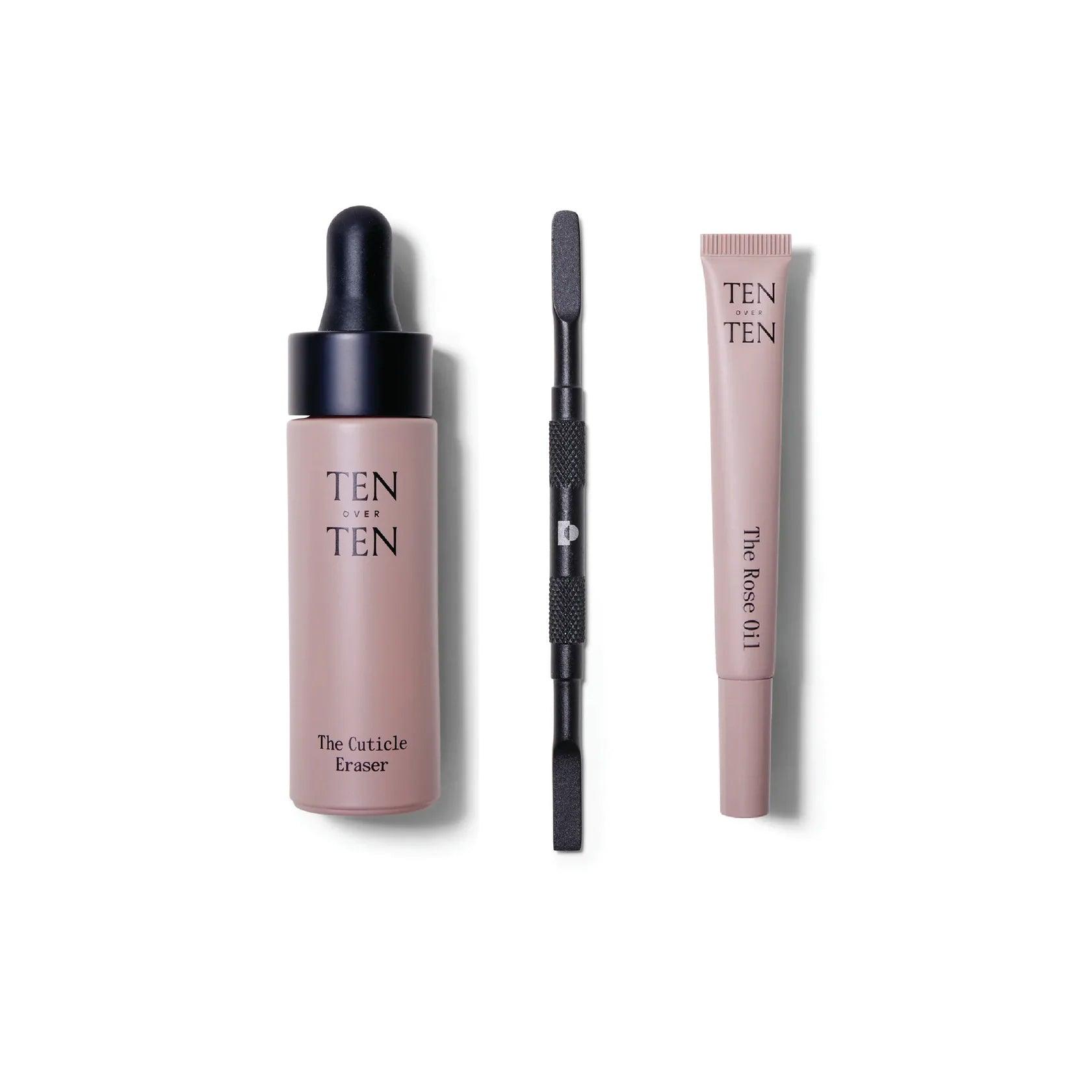Three products lined up in a row for the Hands on Gift Set. On the left is The Cuticle Eraser, then The Push Back Cuticle Tool and lastly The Rose Oil Cuticle Oil. All are from ten over ten.