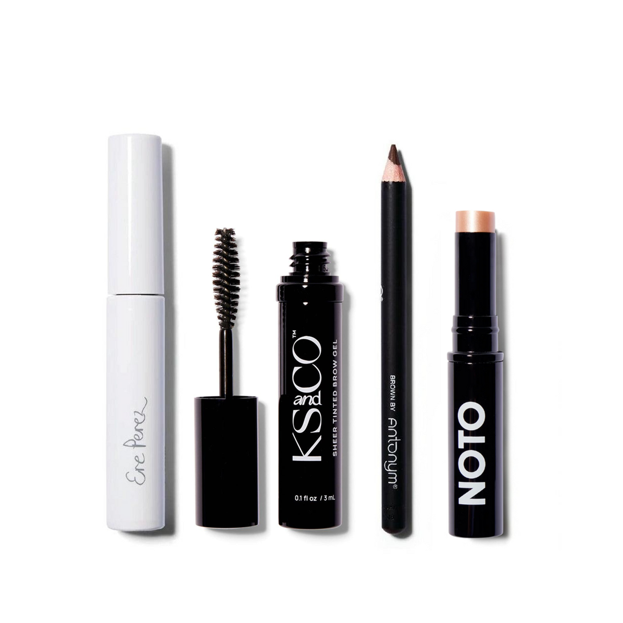 Set of makeup products including a mascara, eyeliner pencil, brow gel and highlighter on a white background.