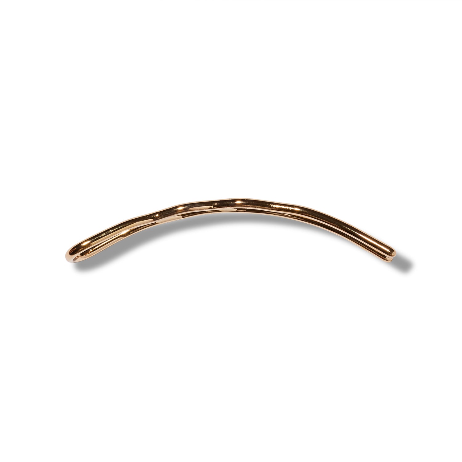 Side view of a 4" 22k gold plated metal U shaped hair pin with slightly wavy tines.