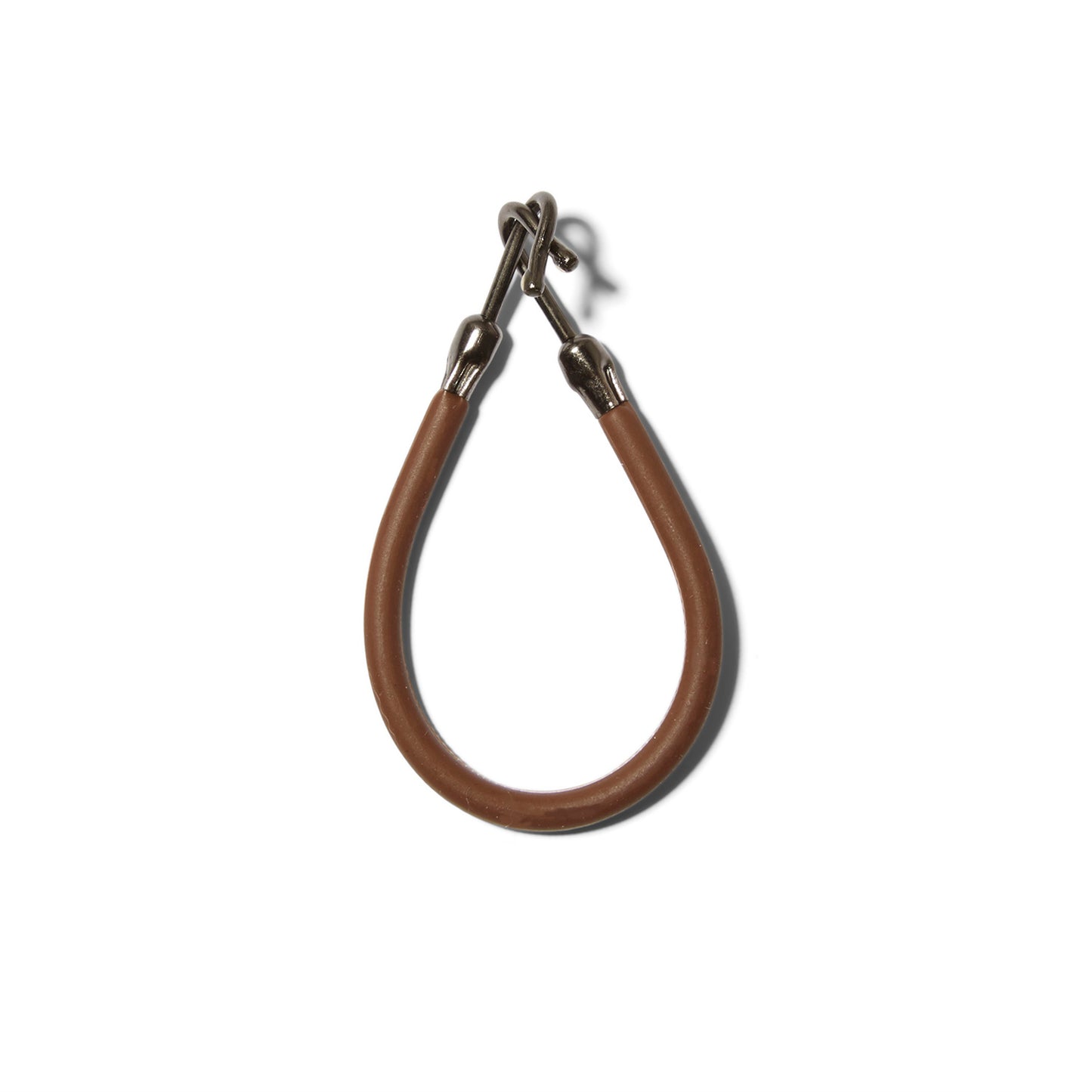 The Reed Clarke brown silicone hair bungee with steel hooks on either end.