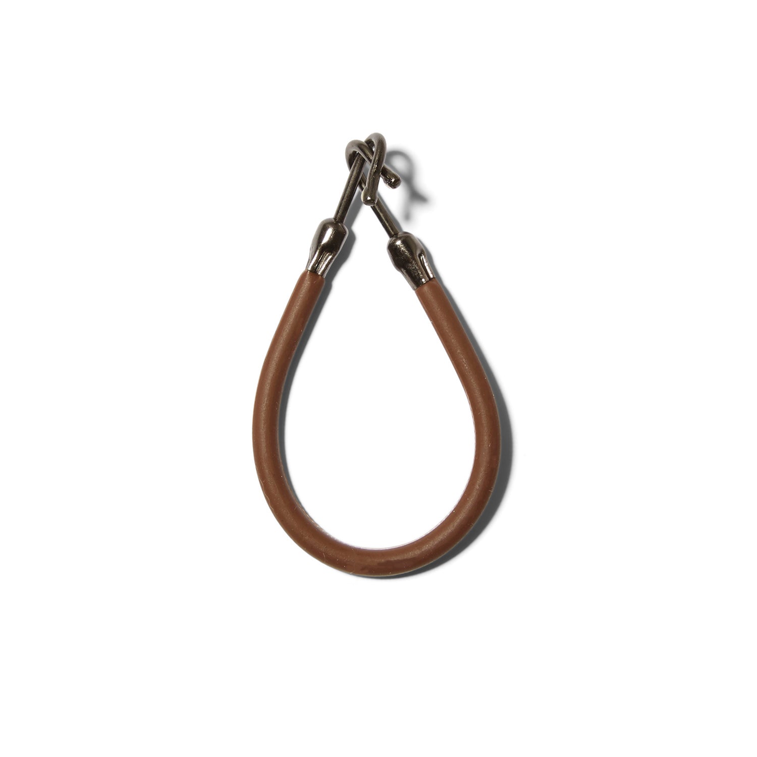 The Reed Clarke brown silicone hair bungee with steel hooks on either end.