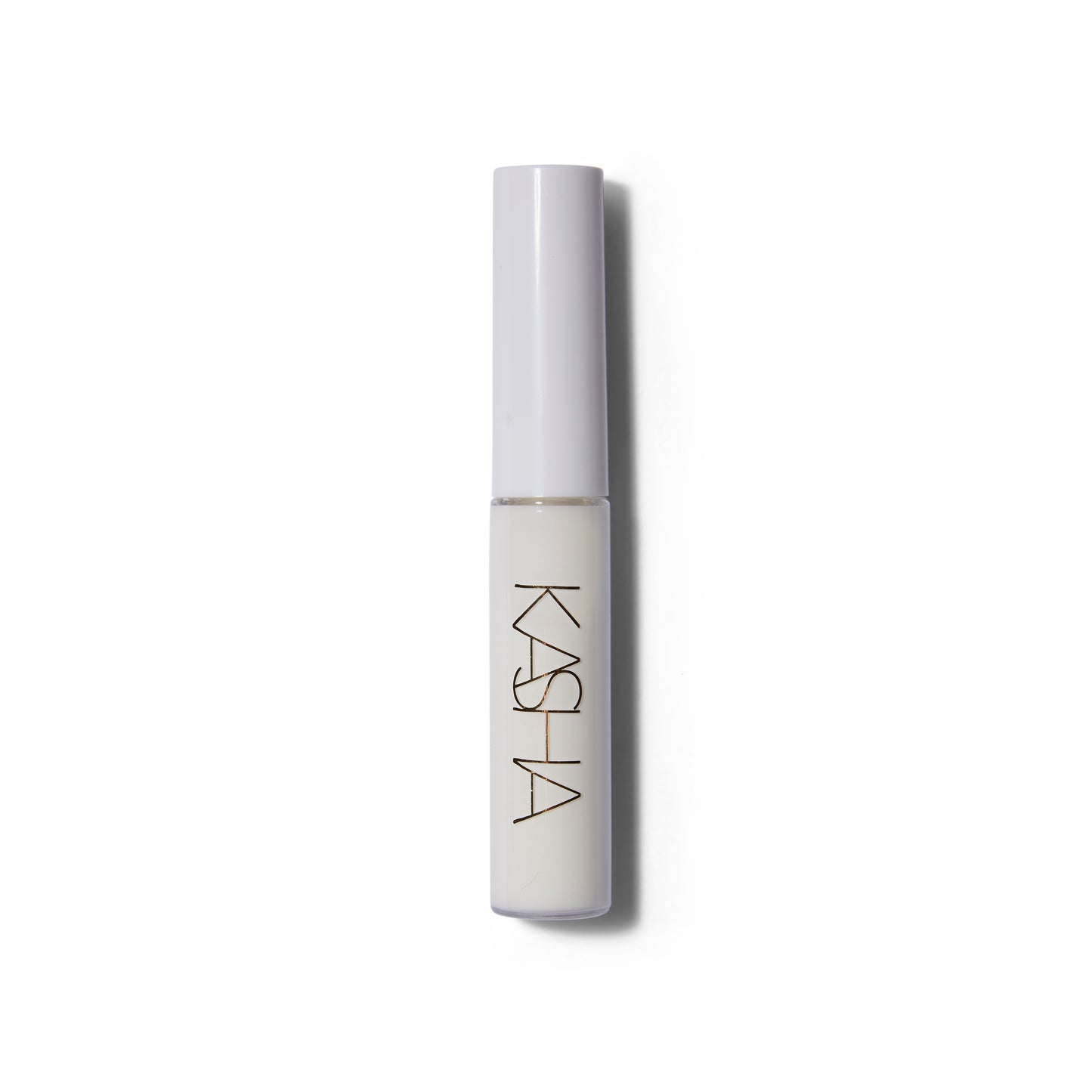 Closed tube of the Kasha Eyelash Glue. The bottle is white with gold lettering.