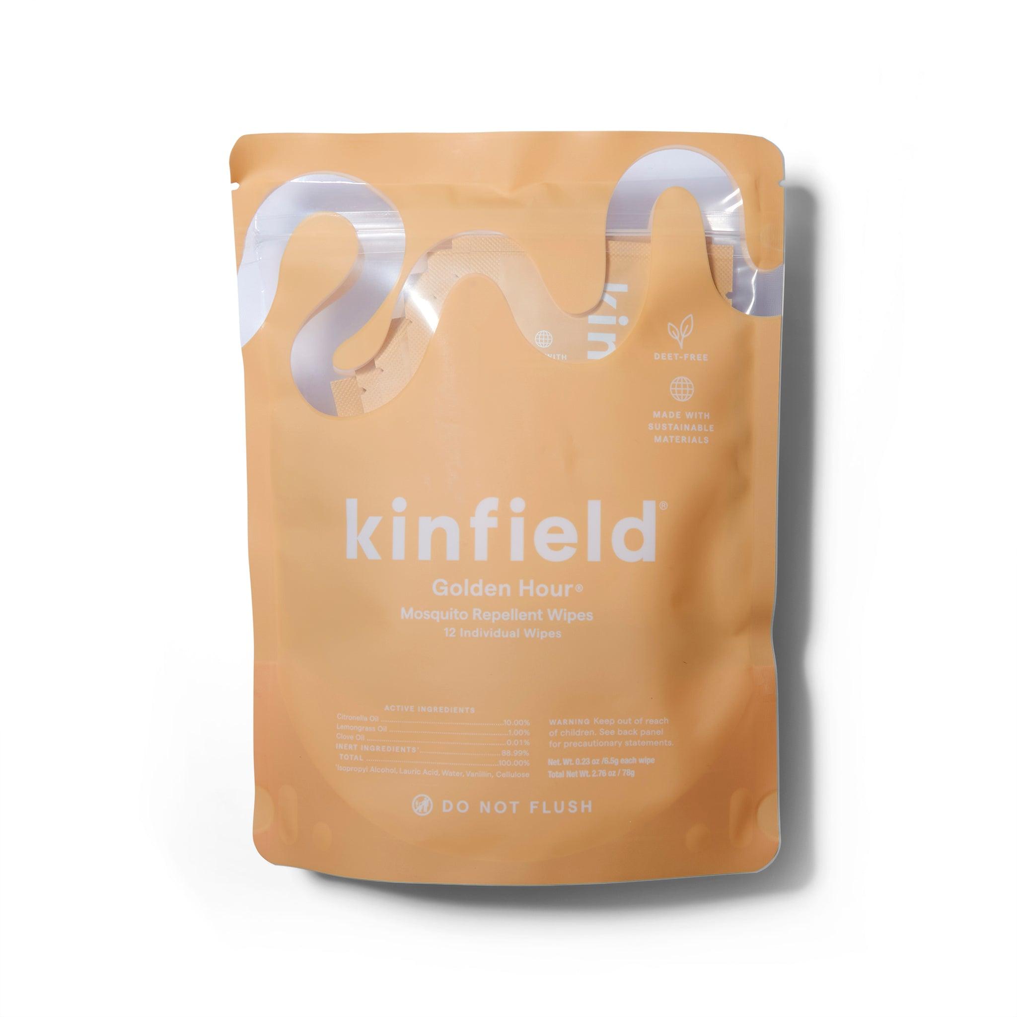 Outer packaging of the Kinfield Golden Hour Mosquito Repellant Wipes. The package is sealed.