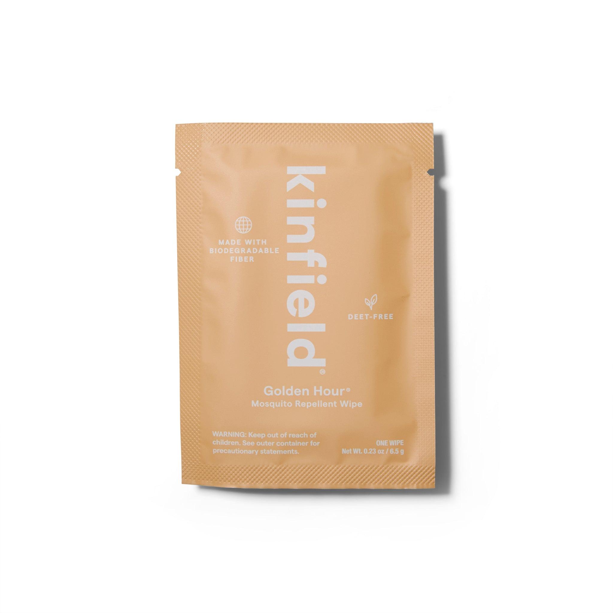 Unopened sachet of the Kinfield Golden Hour Mosquito Repellent Wipes.