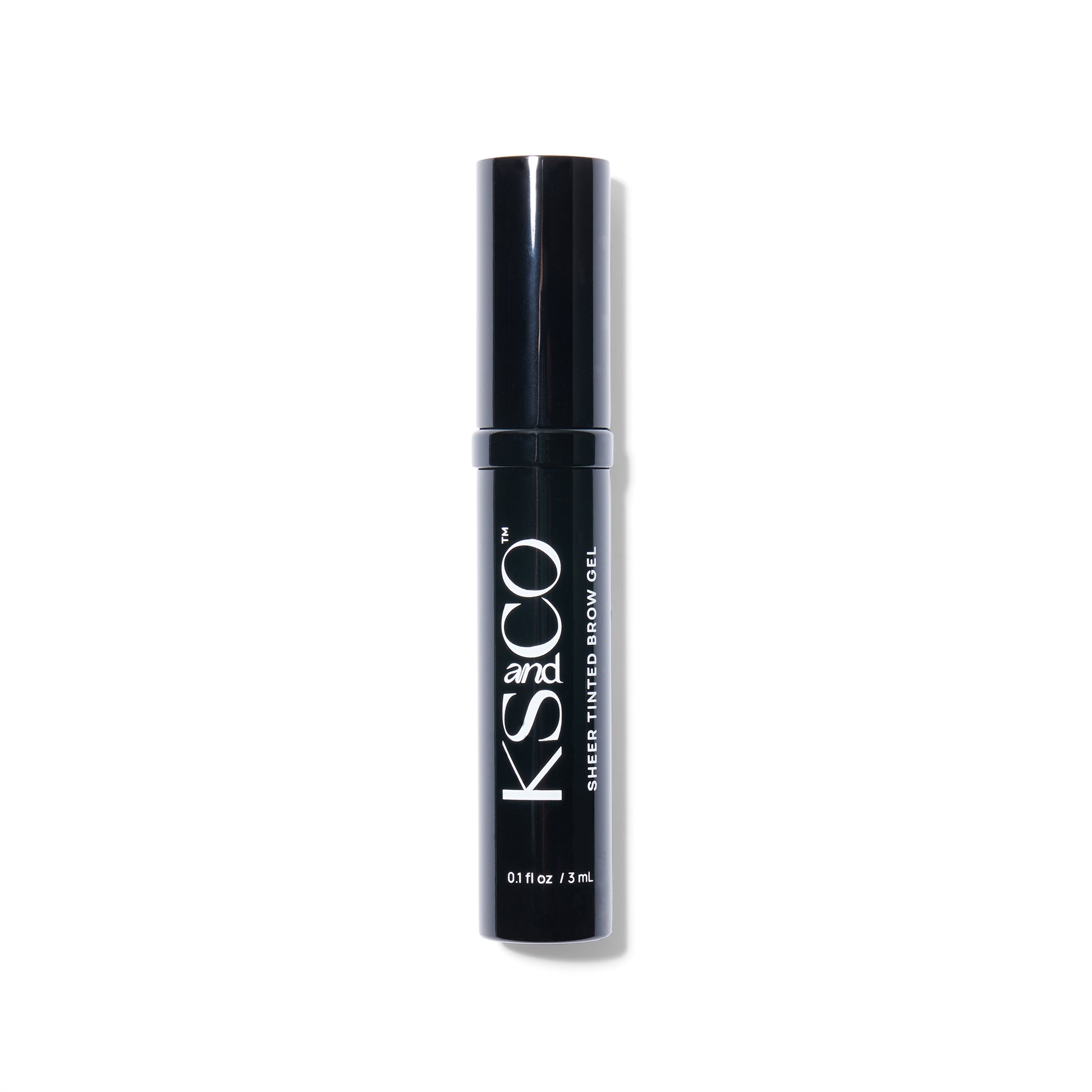 Closed view of the black metal tube of the KS&CO Sheer Tinted Brow Gel. 