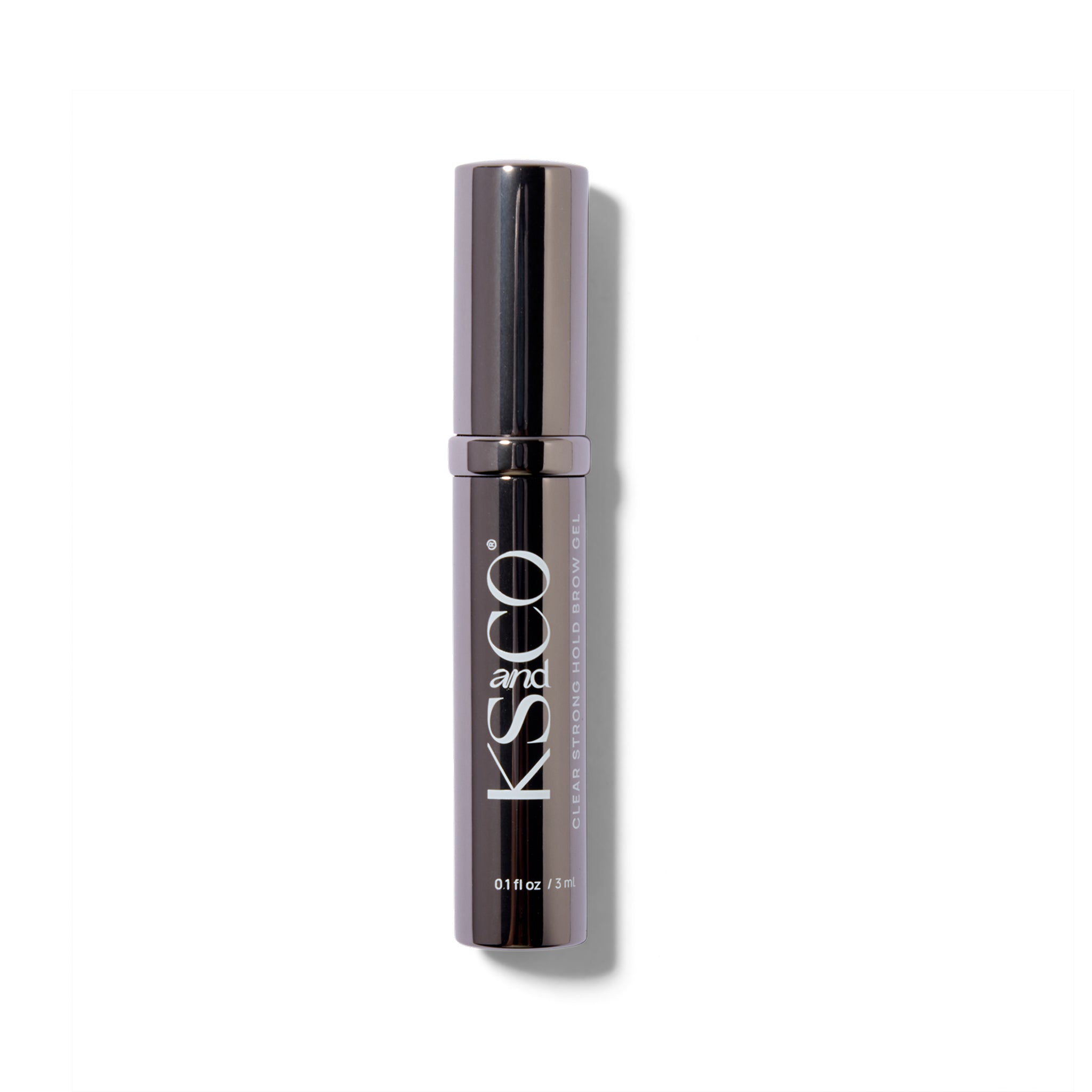 Dark chrome cosmetic tube with white text.