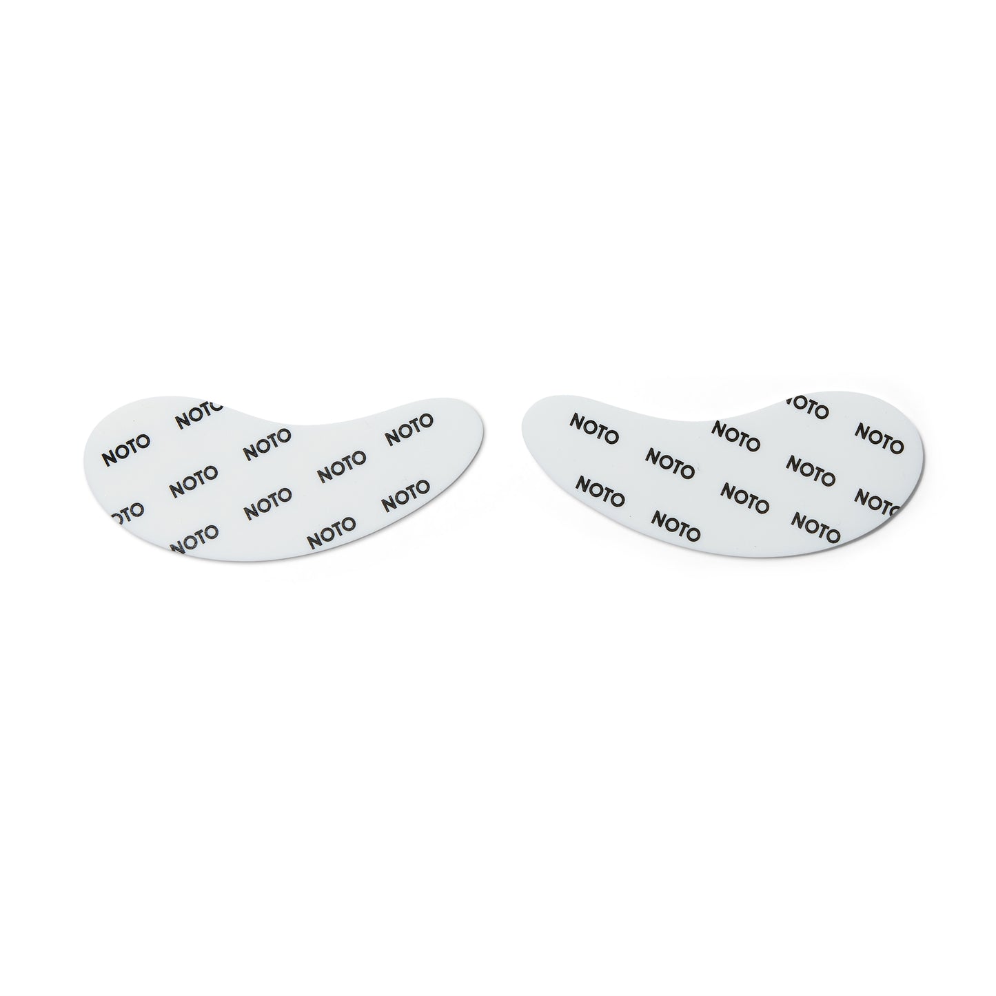White tear drop shaped eye patches with Noto written on them in black capital letters.