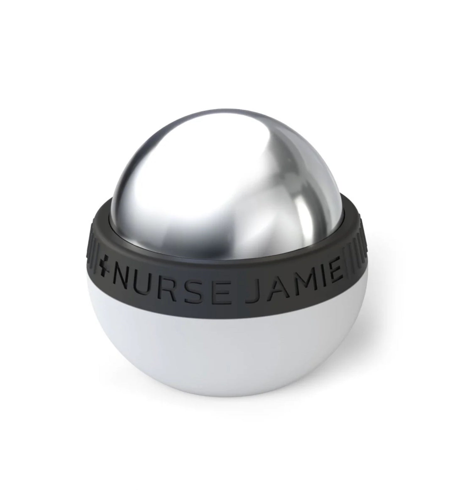 A chrome ball in a white plastic base with a black band on the middle that says Nurse Jamie.