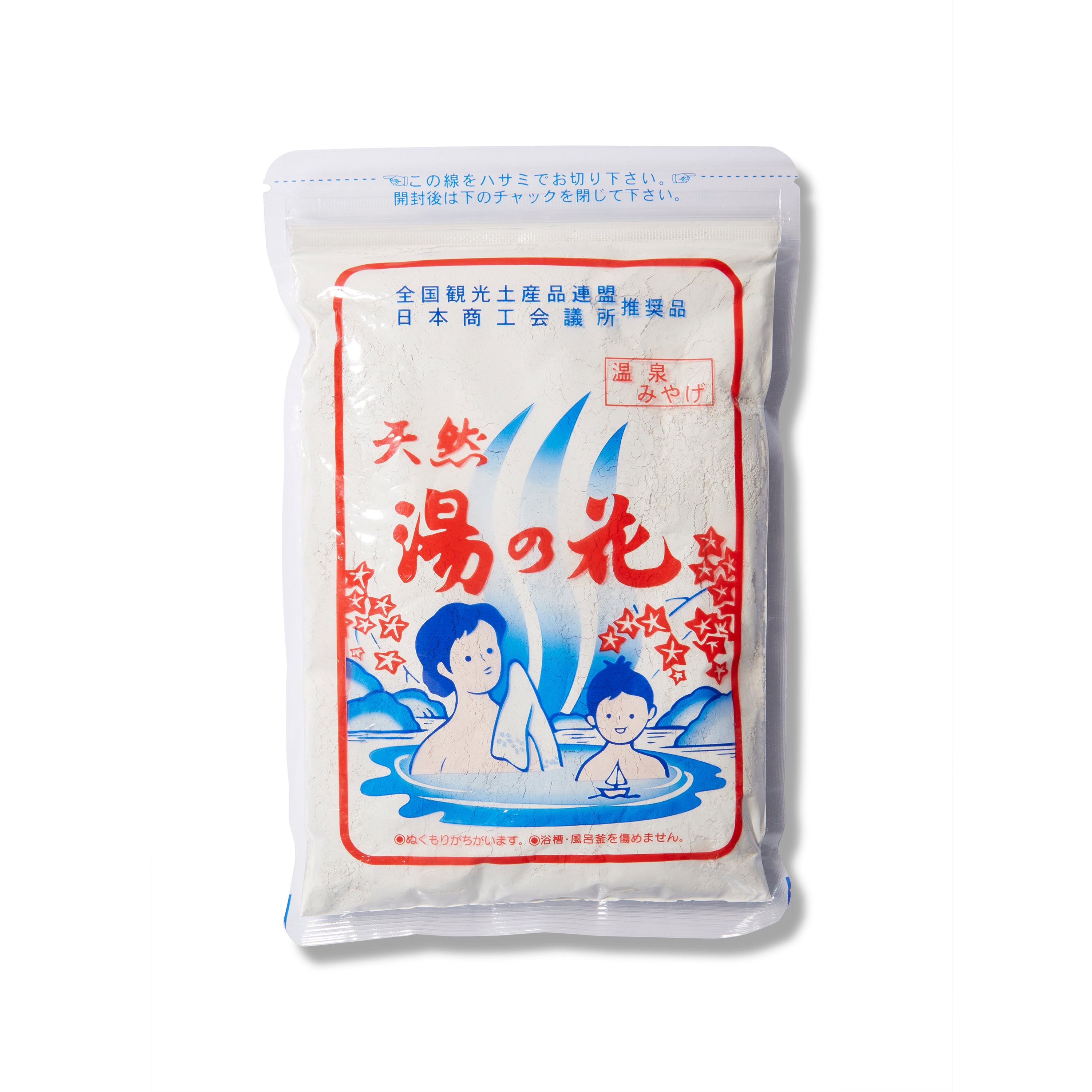The Yunohana Onsen Powder has an illustration of a family in a natural hot spring with Japanese writing on it.