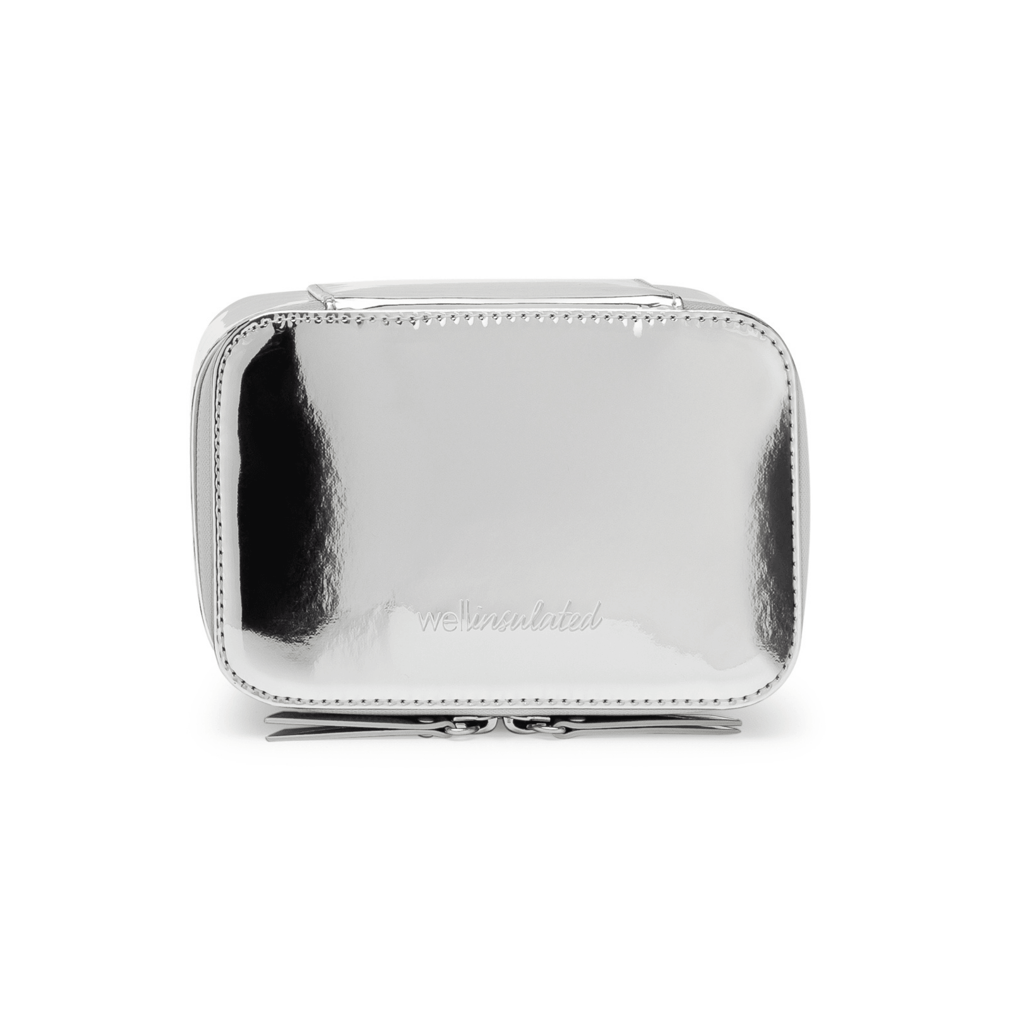 Upright view of the Well Insulated Performance Mini Travel Case. The silver case has the Well Insulated logo embossed on the front. The zippers are on the bottom.