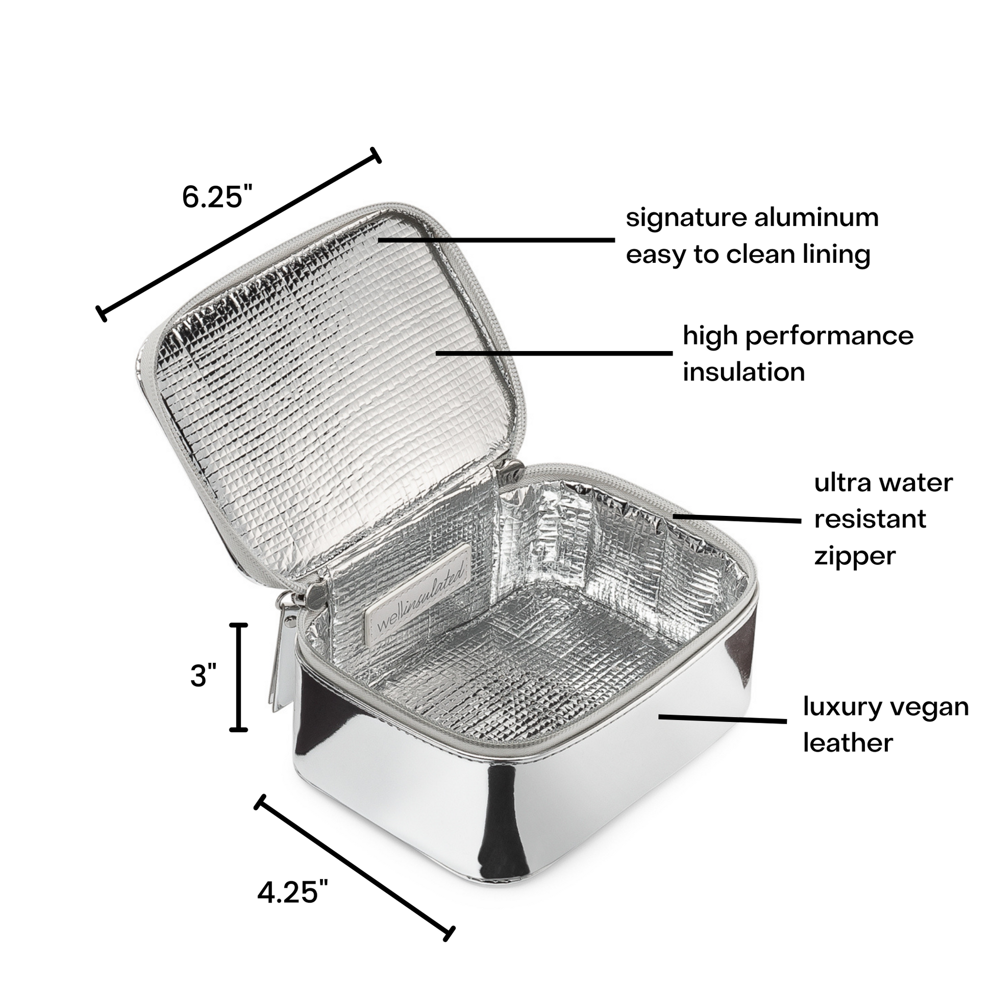 The well insulated performance mini travel case is open showing the silver lining of the bag. There is text pointing out various features of the bag as well as the dimensions.