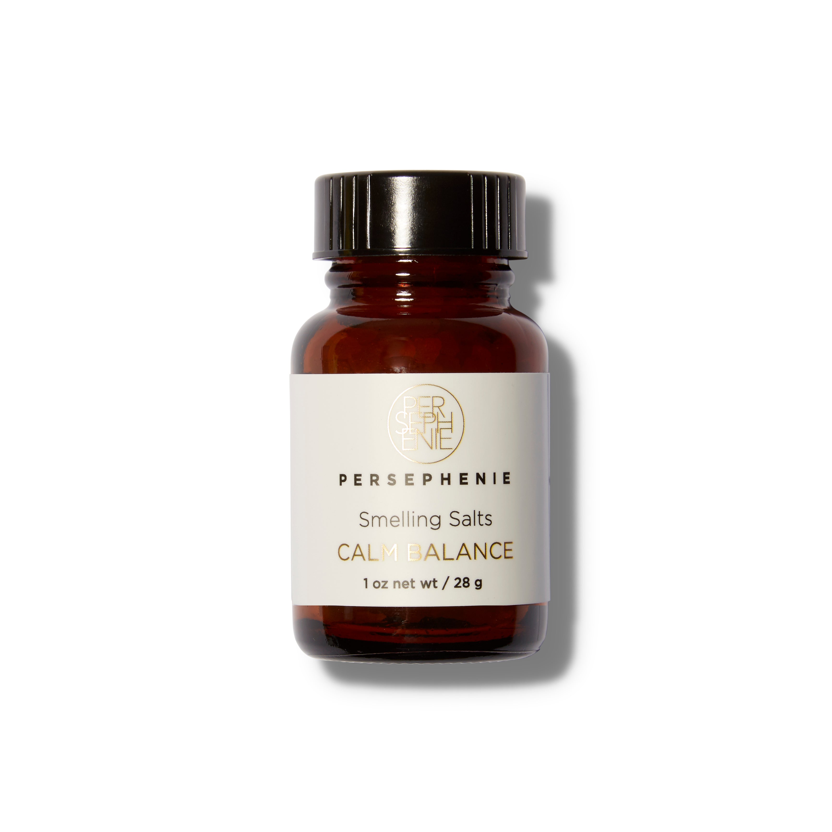 Front view of the Persephenie Front view of the Persephenie Calm Balance Smelling Salts in a brown glass bottle.