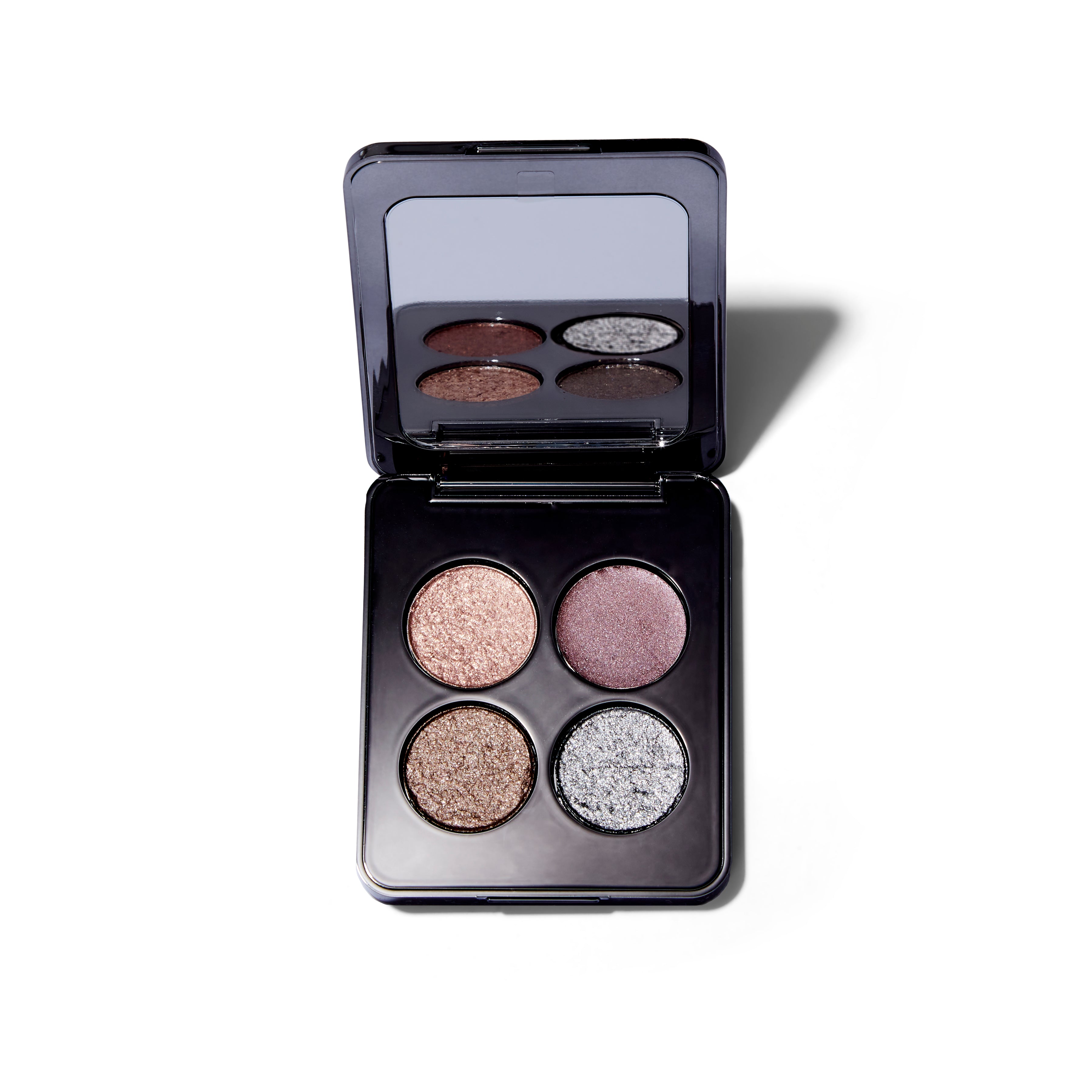 Open palette of the Roen Eyeshadow Palette in 52 Degrees Cool. The palette is open and the four metallic, bronze shades with one cool silver shade, are also visible in the mirror.