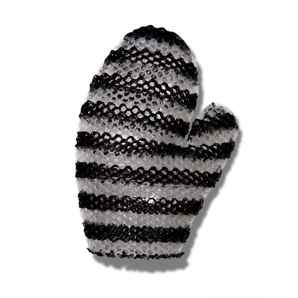 Stimulite Black & White striped honeycomb silicone bath mitt.