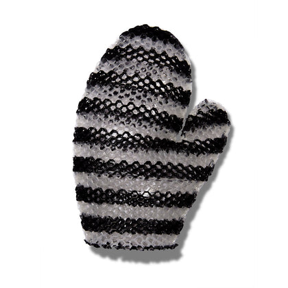 Stimulite Black & White striped honeycomb silicone bath mitt.