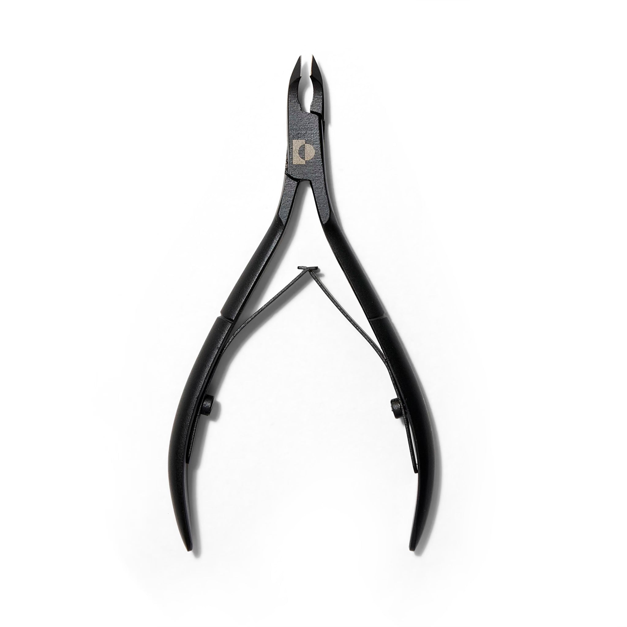 Matte black steel cuticle nippers. The blades are slightly open.