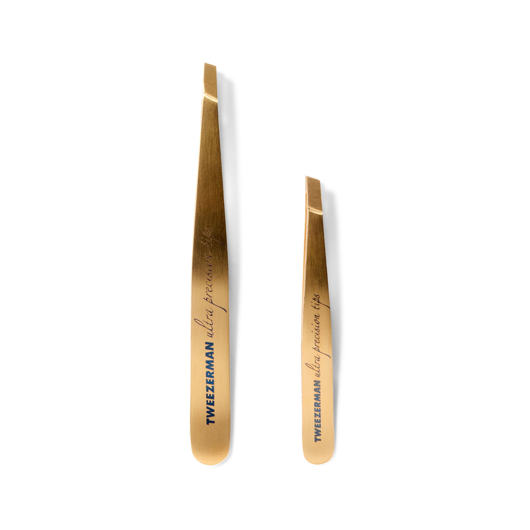 Two gold tweezers - one large, one mini - with 'Tweezerman' branding on a white background