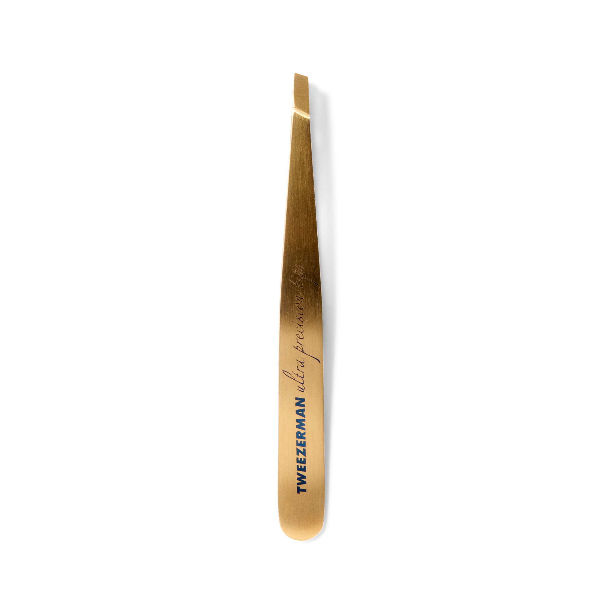 Gold-colored tweezer with 'Tweezerman' branding on a white background