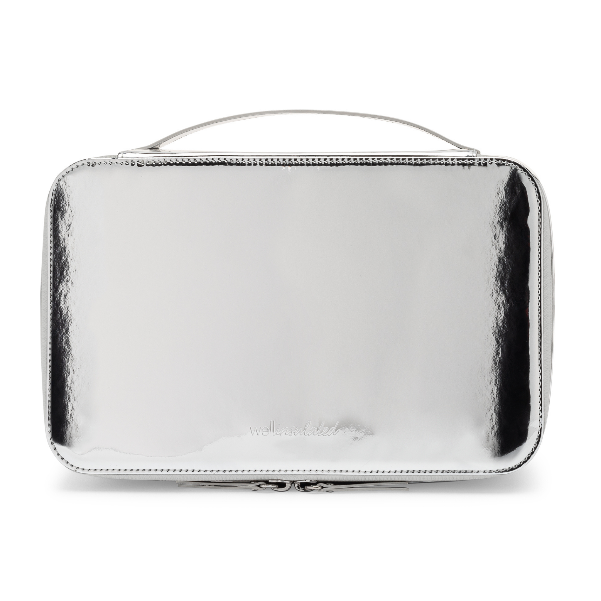 Upright front view of the Well Insulated Performance Travel Case. The handle on the top of the case is visible. The case is metallic silver with the Well Insulated logo embossed in the surface.