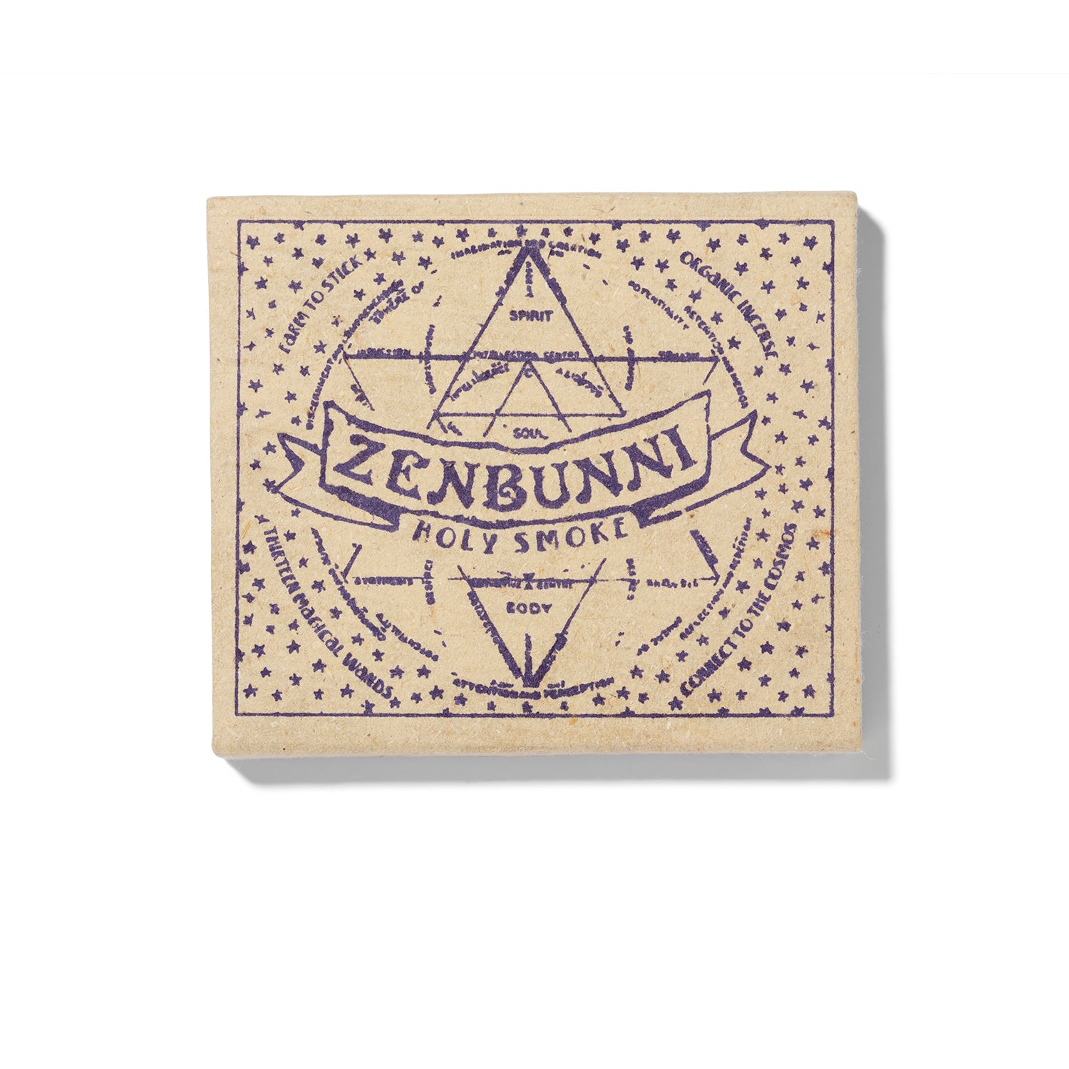 The box for the Zen Bunni Holy Smoke Incense is cream colored cardboard with purple screen printing on the cover.