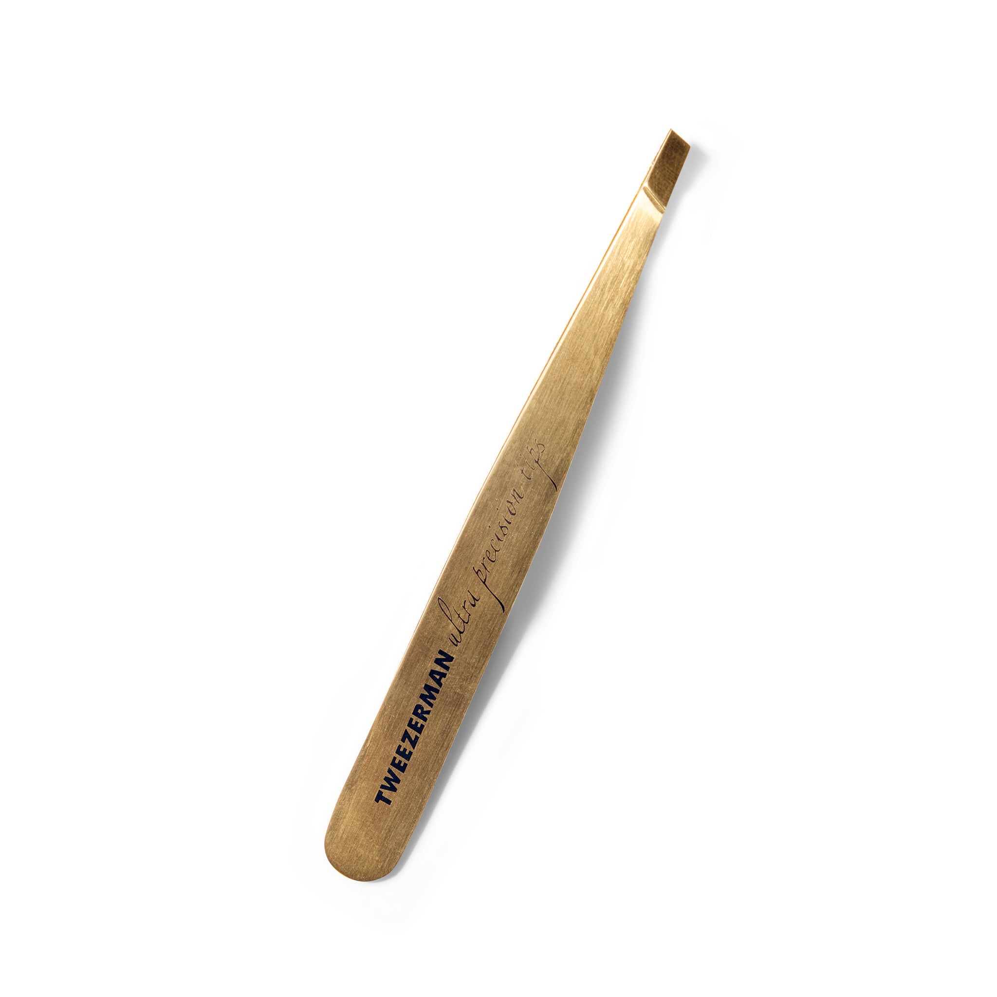 Gold tweezers with 'Tweezerman' branding on a white background