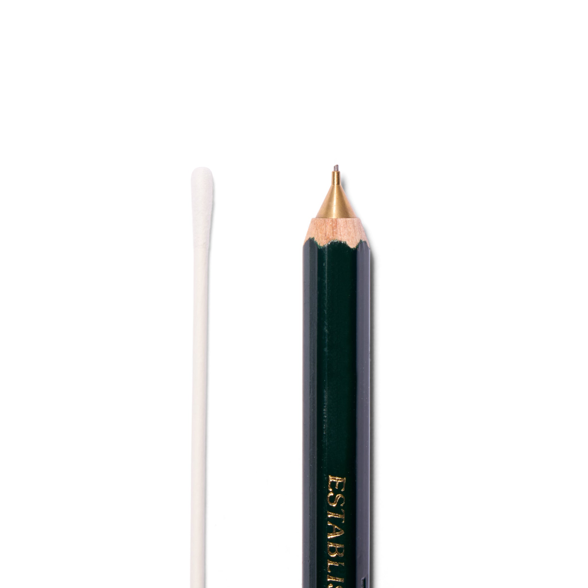 A cotton bud next to a mechanical pencil for scale.
