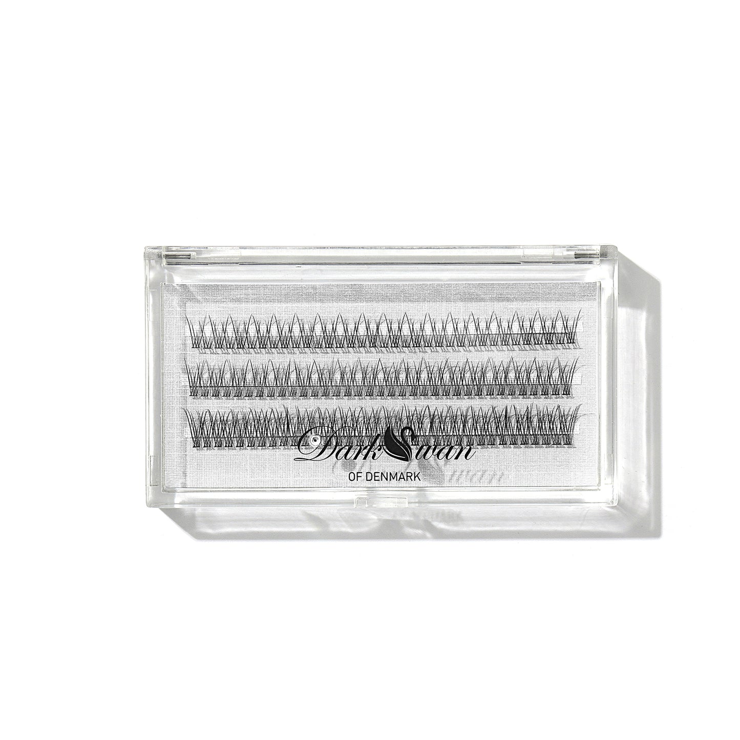 Clear acrylic box with three rows of individual lashes from Dark Swan of Denmark.