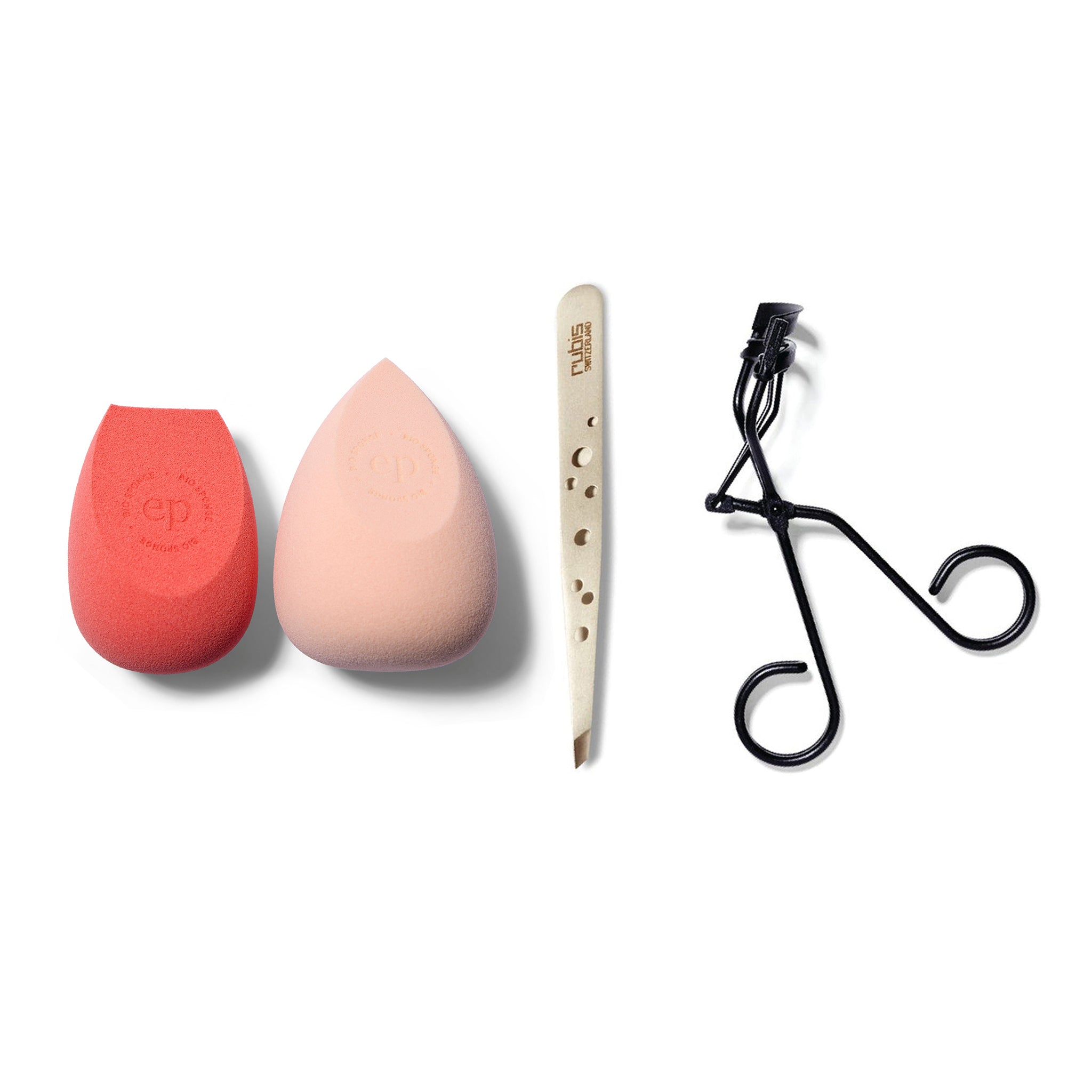 Set of makeup tools including a red and pink sponge blender, tweezers and a black lash curler on a white background.