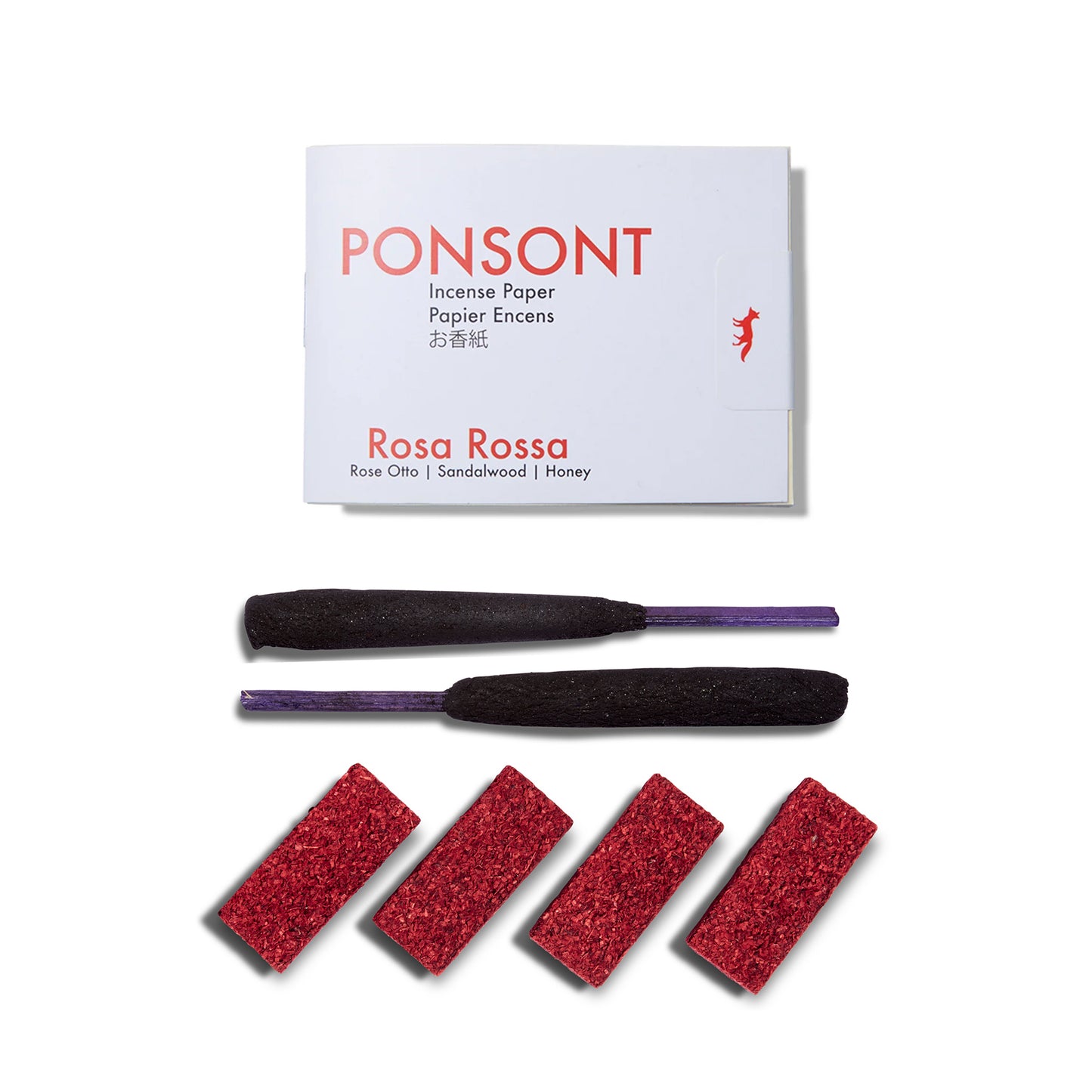 Three brands of incense. A packet of the Ponsont Rossa Rosa Incense Papers, two Zen Bunni Holy Smoke incense sticks and four deep pink bricks of the Diffusion Rosicrucienne Dat Rosa Del Apibus incense bricks.