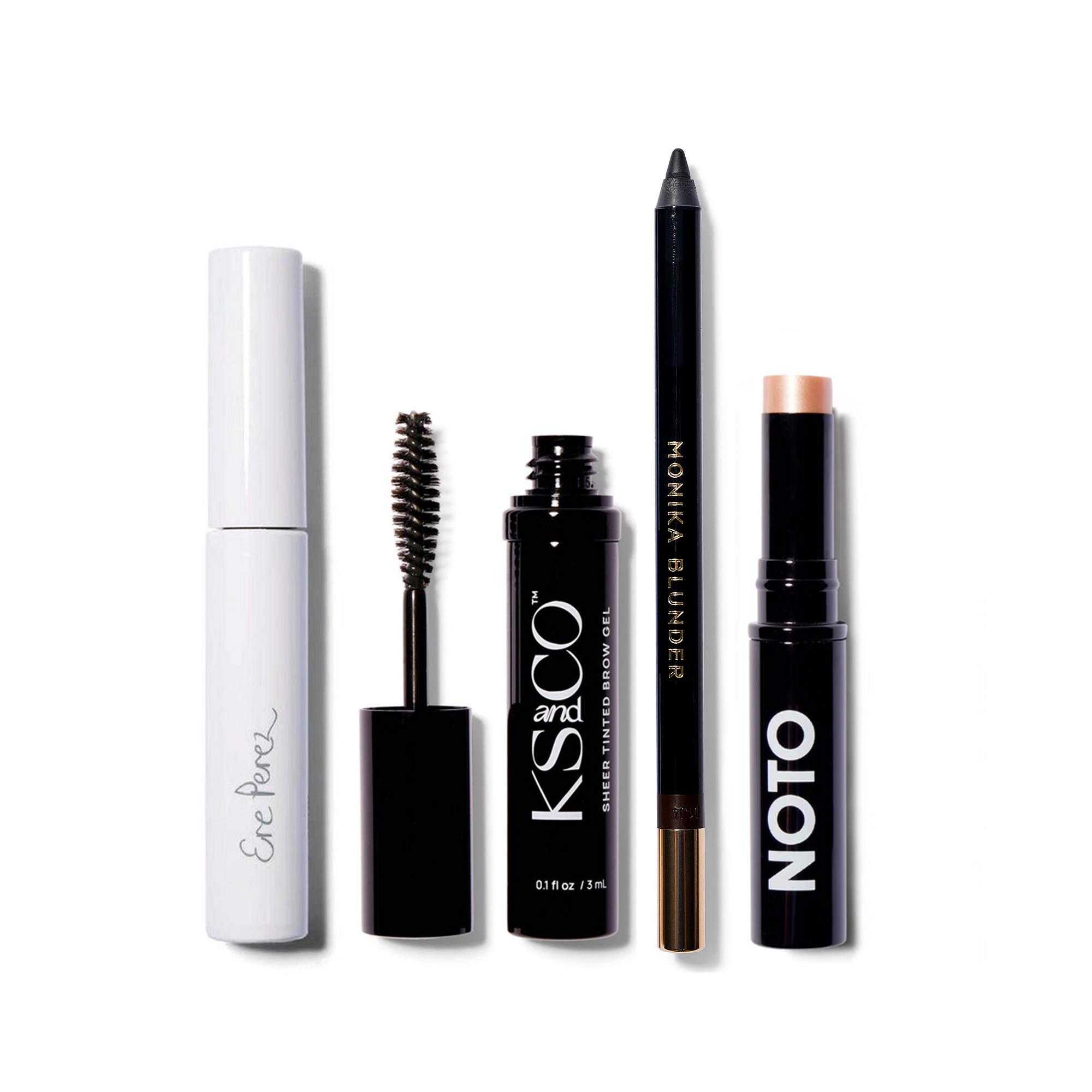 Set of makeup products including a mascara, eyeliner, and other cosmetic items on a white background.