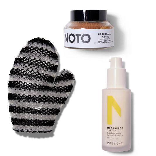 A collection of skin care items that includes the Stimulite Bath Mitt, Resurface Scrub from Noto Botanics and the Megashade Sunscreen Serum in SPF 50 from ZItsticka.