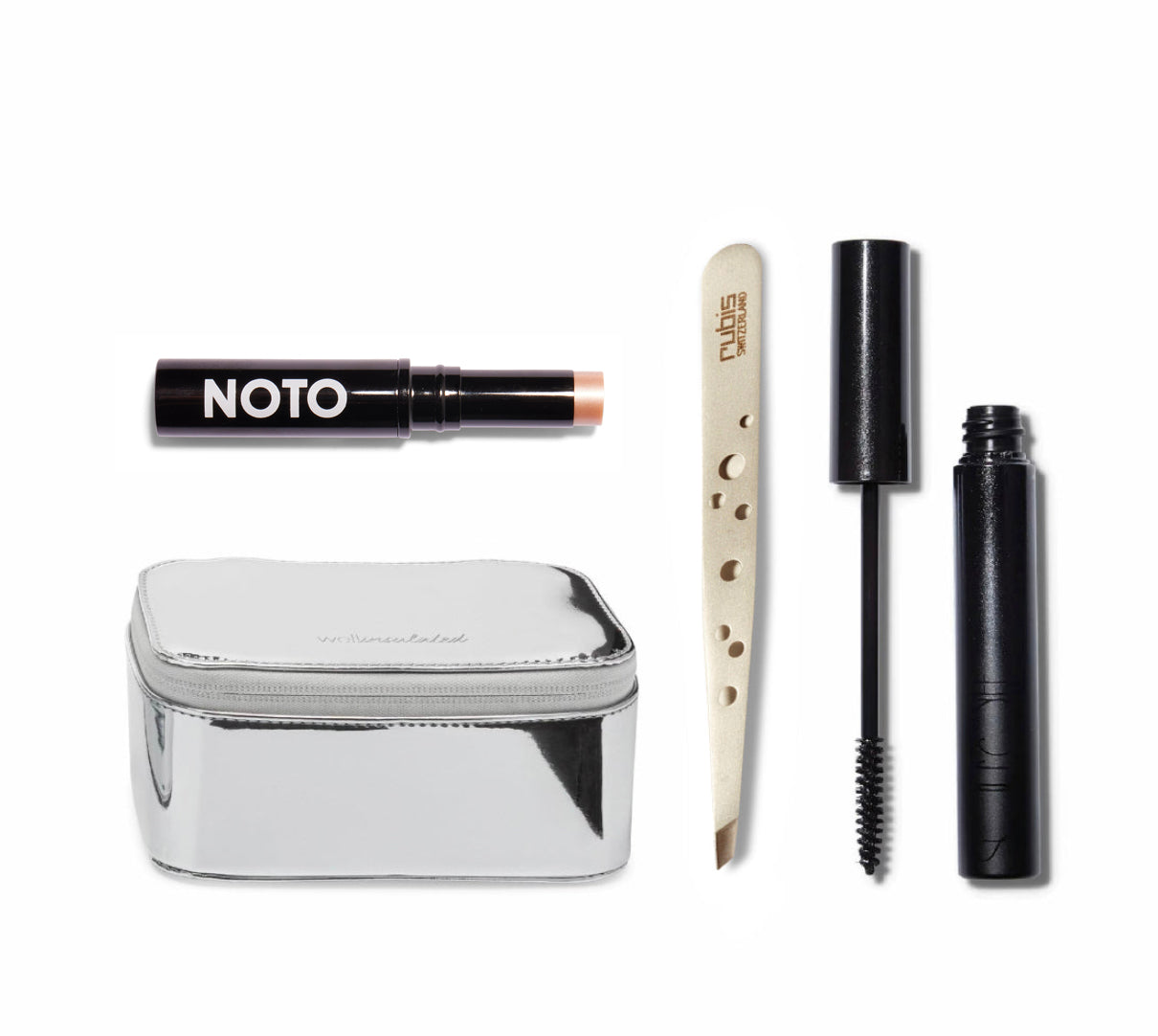 Grouping of the products in The Fiona Edit Set. Noto Botanics Hydra Highlighter, Well Insulated Performance Case Mini, Rubis Slant Tweezers, Surratt Relevee Mascara.