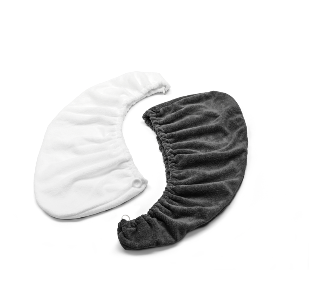 One white and one grey Iles Formula Signature Hair Turban Towel side by side.