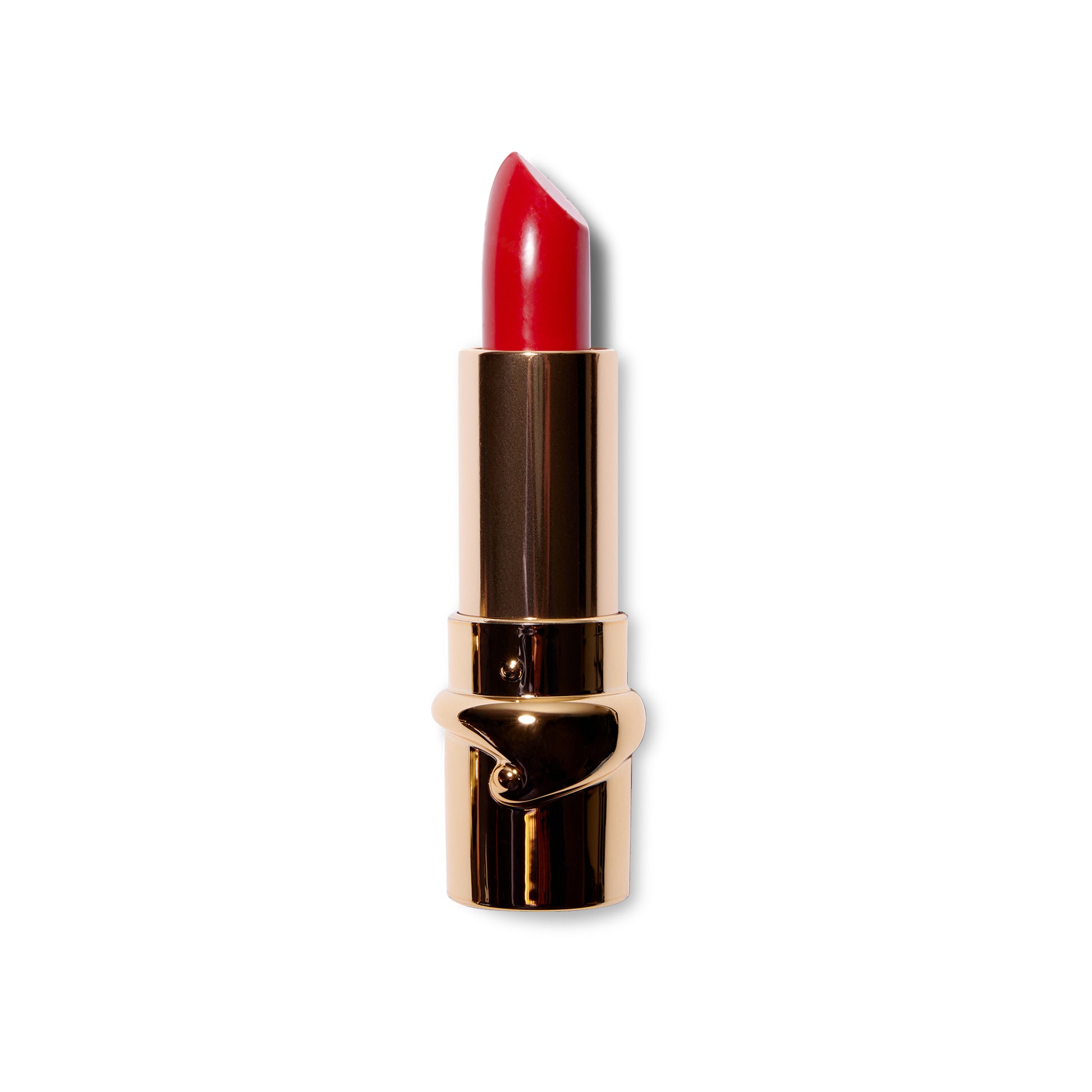 The Julie Hewlett matte Noir lipstick in Femme is wound up and the bullet is visible in the gold component. 