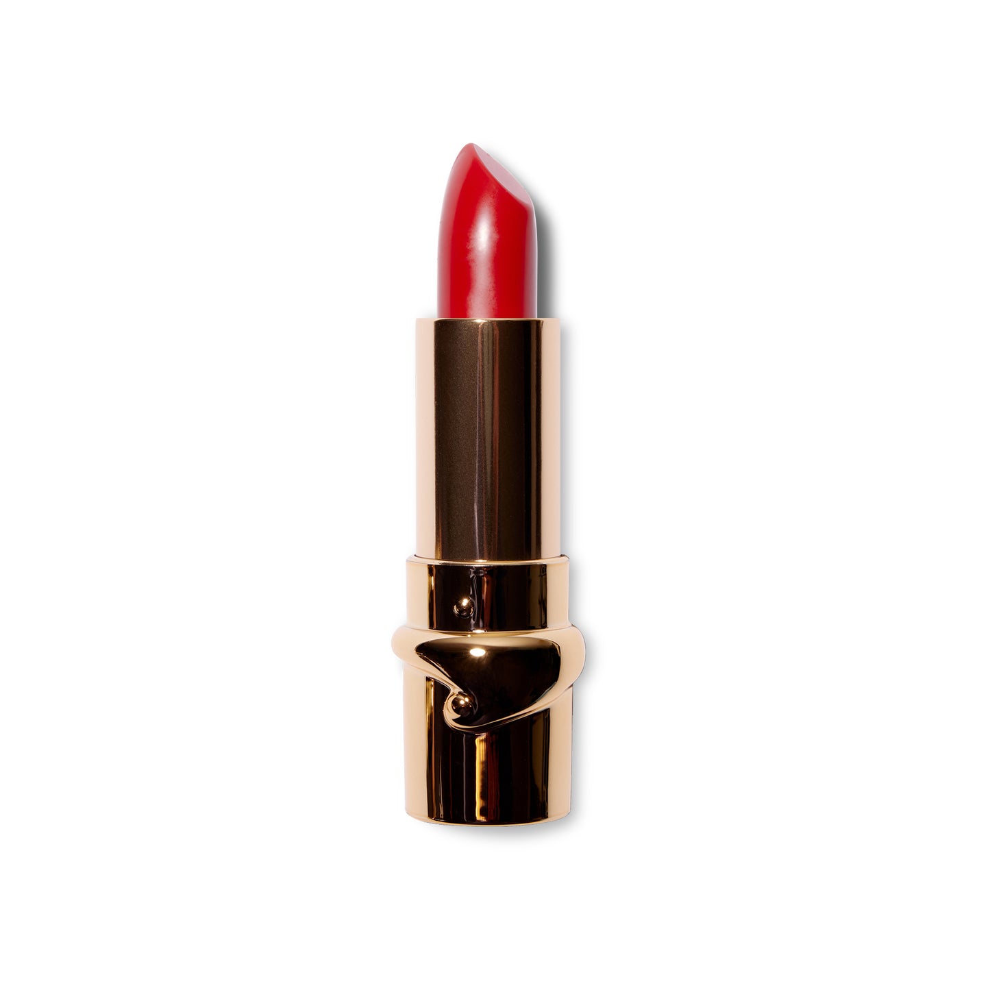 The Julie Hewlett matte Noir lipstick in Rouge is wound up and the bullet is visible in the gold component. 
