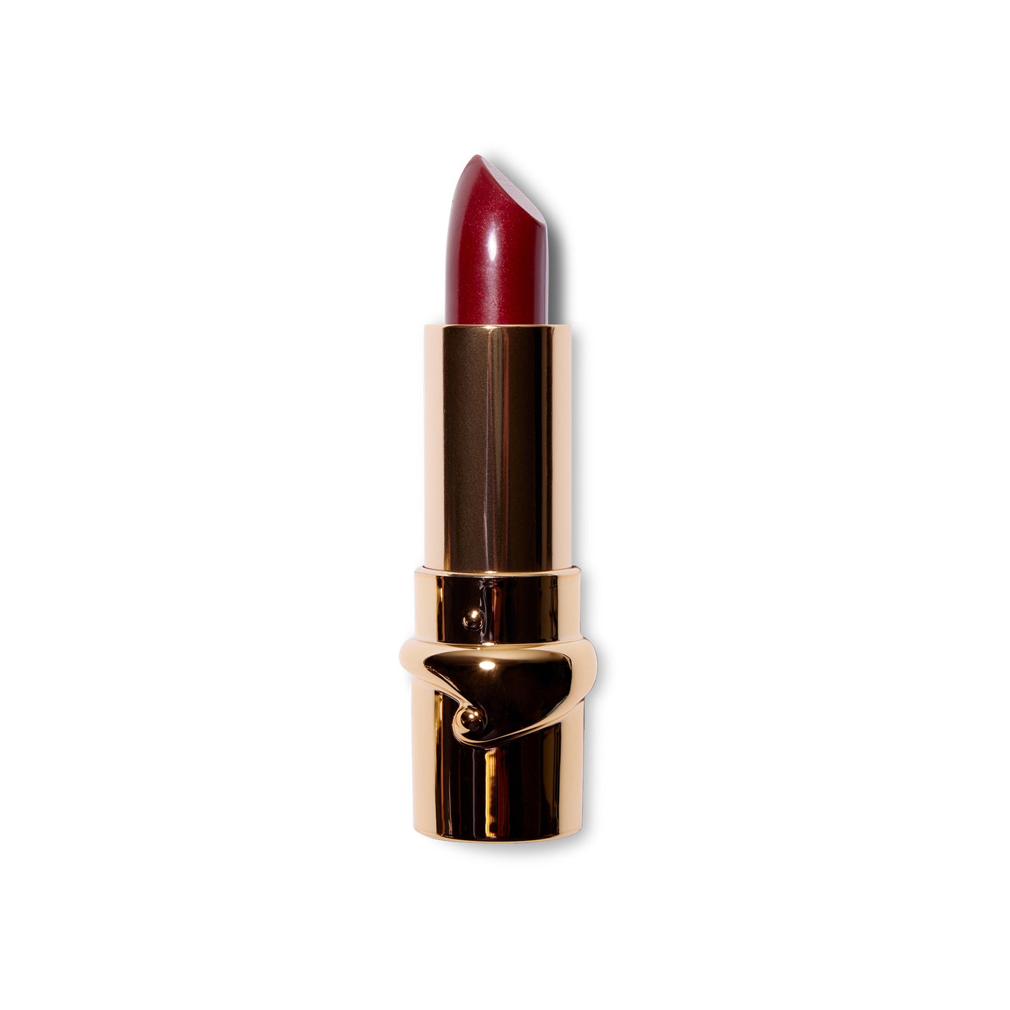 The Julie Hewlett matte Noir lipstick in Sin is wound up and the bullet is visible in the gold component. 