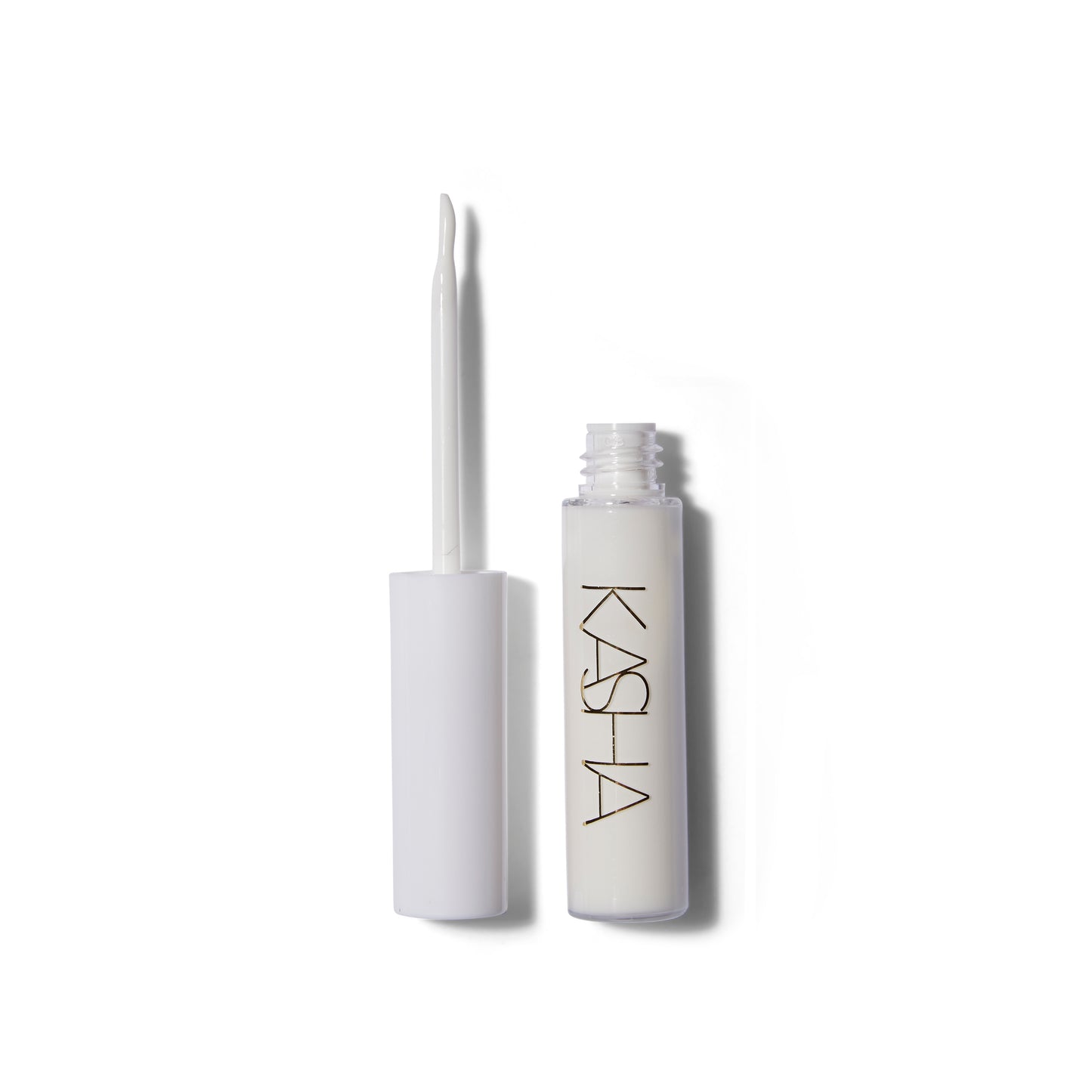 Open view of the Kasha Eyelash Glue. The brush is open and to the left of tube. The brush is pointed and the glue is white.