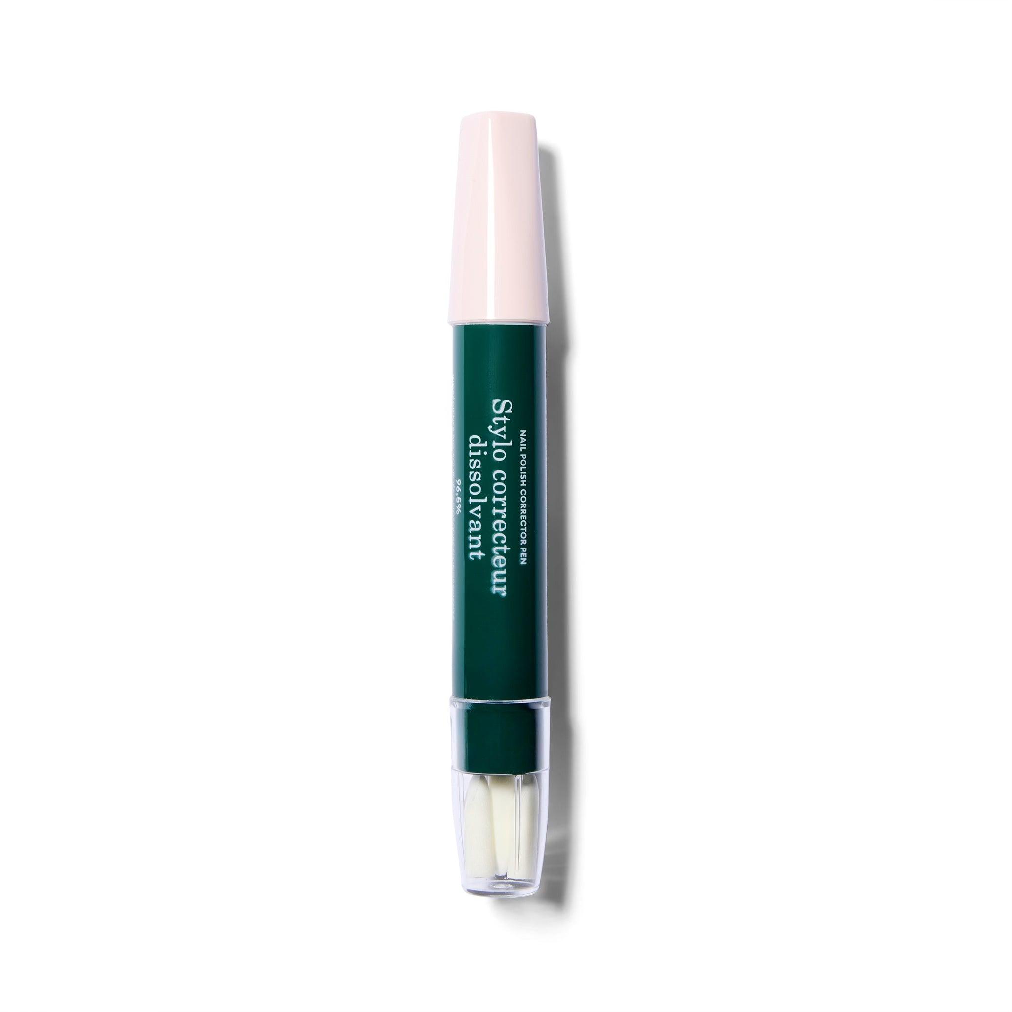 The cap is on the green nail polish removal pen. The bottom of the pen has a clear cap that is holding 3 additional removal nibs. 