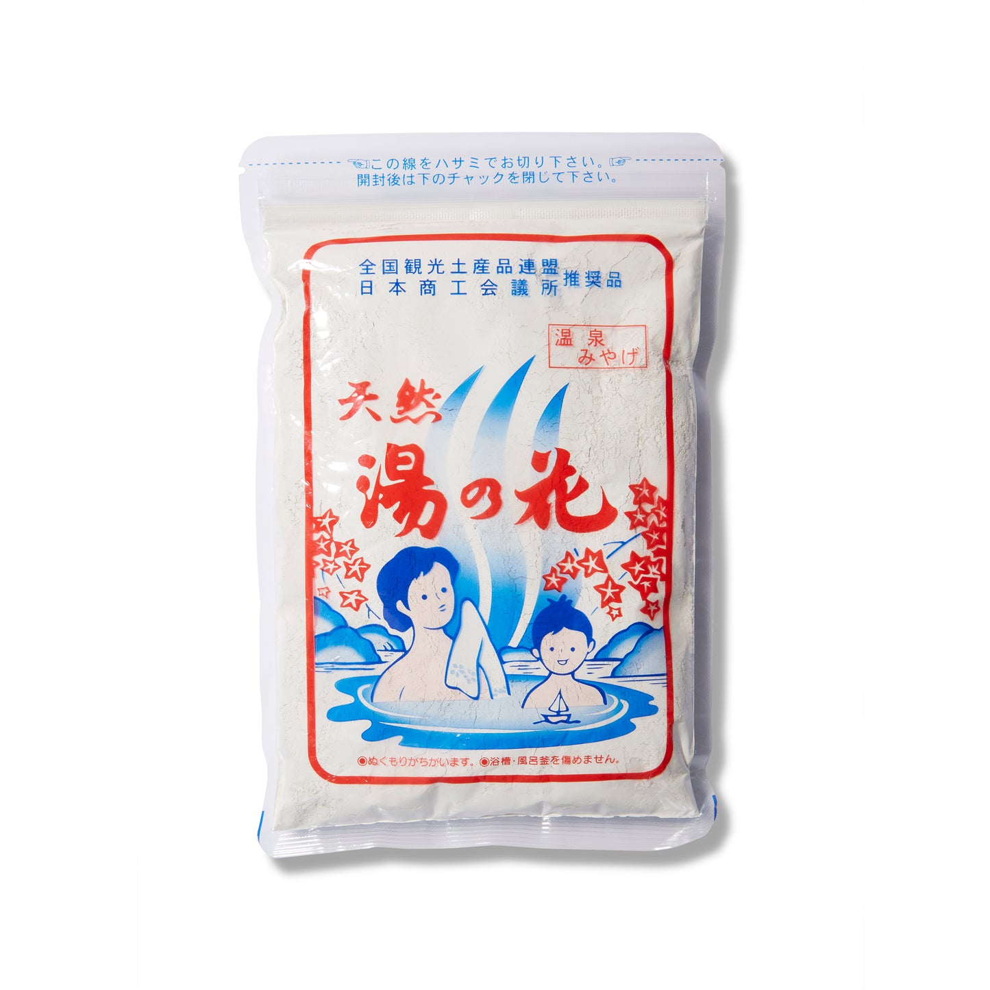 The Yunohana Onsen Powder has an illustration of a family in a natural hot spring with Japanese writing on it. 