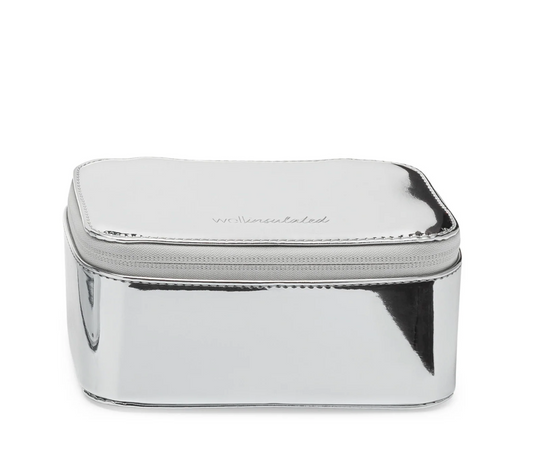 Front view of the Well Insulated Performance Mini Travel Case. The silver case has the Well Insulated logo embossed on the top.