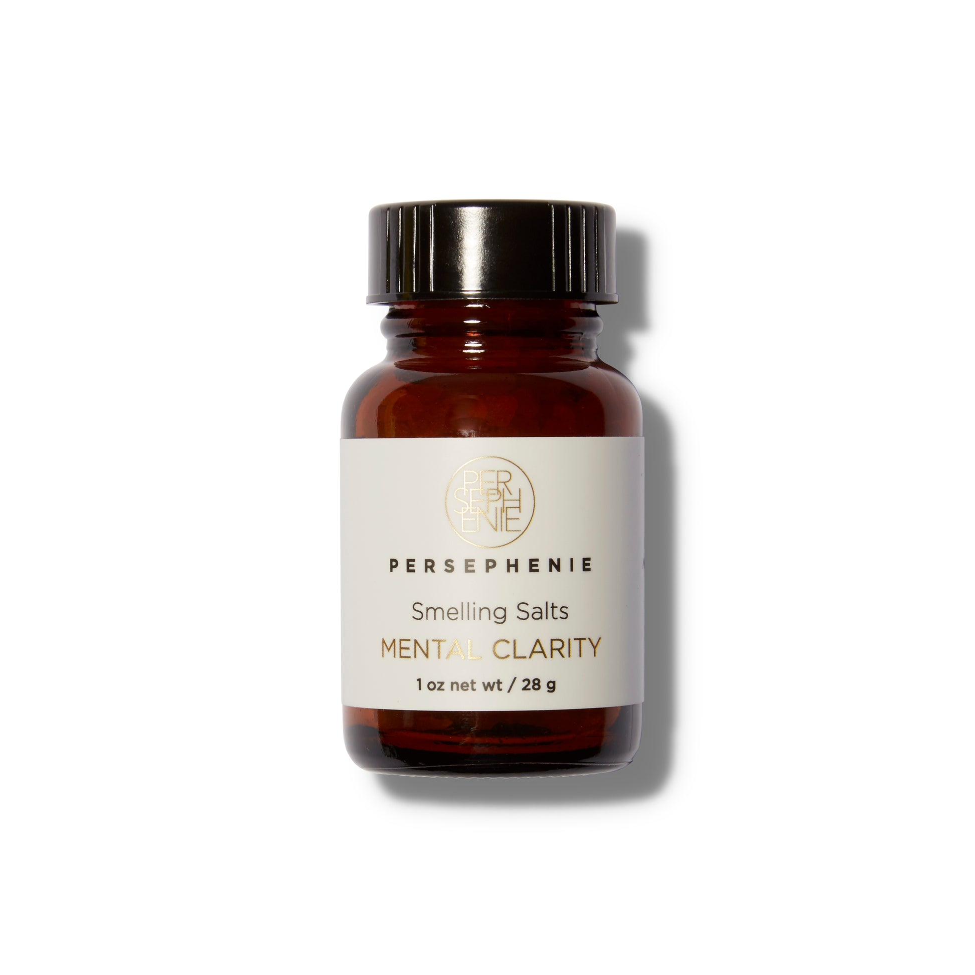 Front view of the Persephenie Mental Clarity Smelling Salts in a brown glass bottle.
