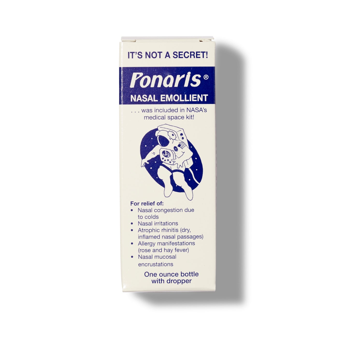 Packaging of the Ponaris Nasal Emollient with an illustration of an astronaut in space.