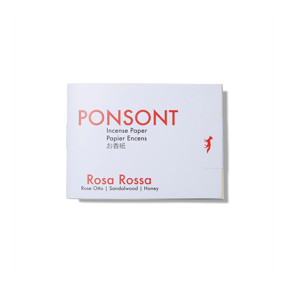 Booklet of the Rosa Rossa Ponsont Incense Papers. It's a white small paper booklet with red text.