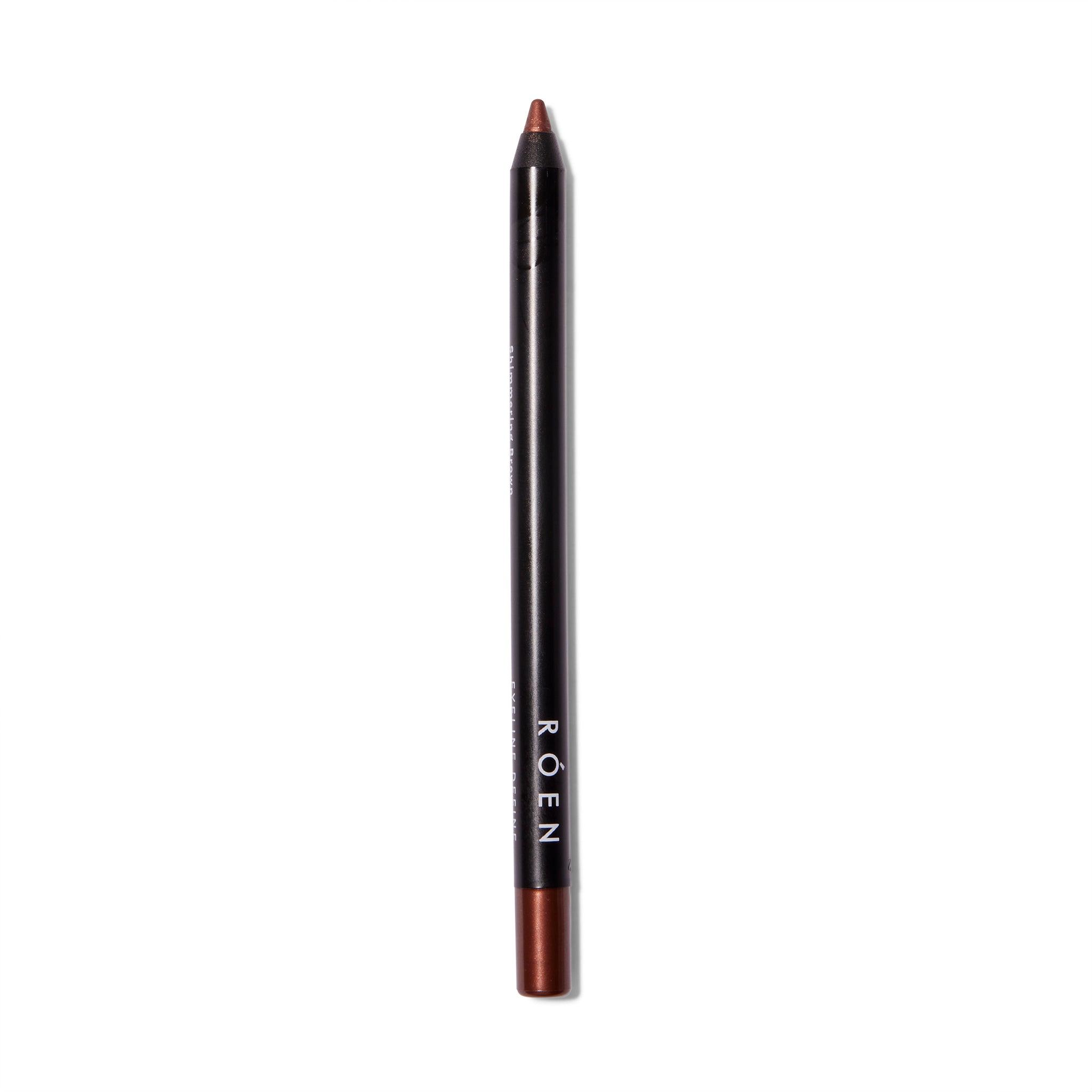 Close up of Roen Eyeline Define Eyeliner in Shimmering Brown.Full length view of the Roen Eyeline Define Eyeliner in Shimmering Brown the cap off.
