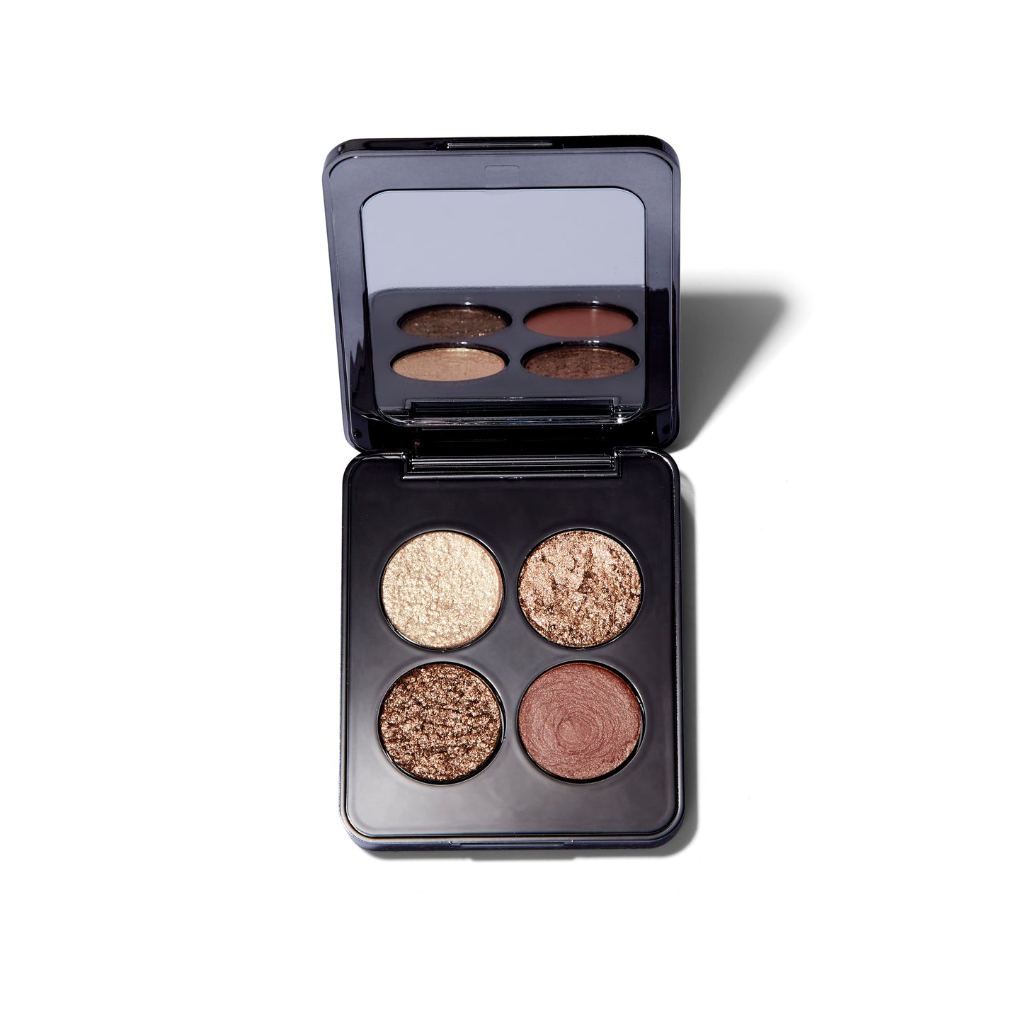 Open palette of the Roen Eyeshadow Palette in 75  Degrees Warm. The palette is open and the four metallic, bronze shades are also visible in the mirror.  