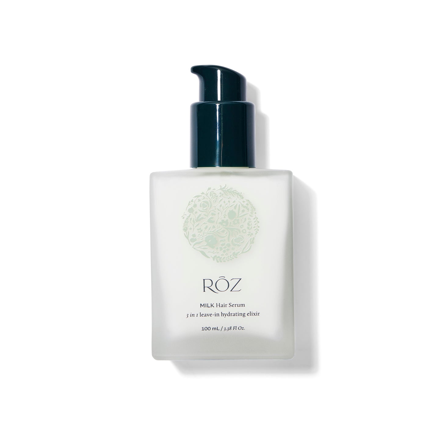 Front view of the ROZ Milk Serum. The bottle is glass with deep green pump. The cap is off. 