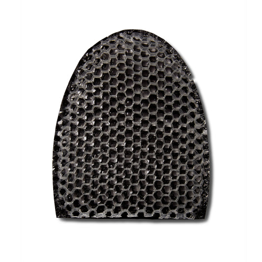Stimulite Black & White striped honeycomb silicone facial exfoliating mitt.  The honeycomb is white on this side.